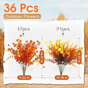 Artificial Fall Flowers for Outdoors,36 pcs Faux Outdoors Plants Realistic Artificial Autumn flower UV Resistant for outside Look Real Fake Plants for Thanksgiving Porch Decor Window planters wedding