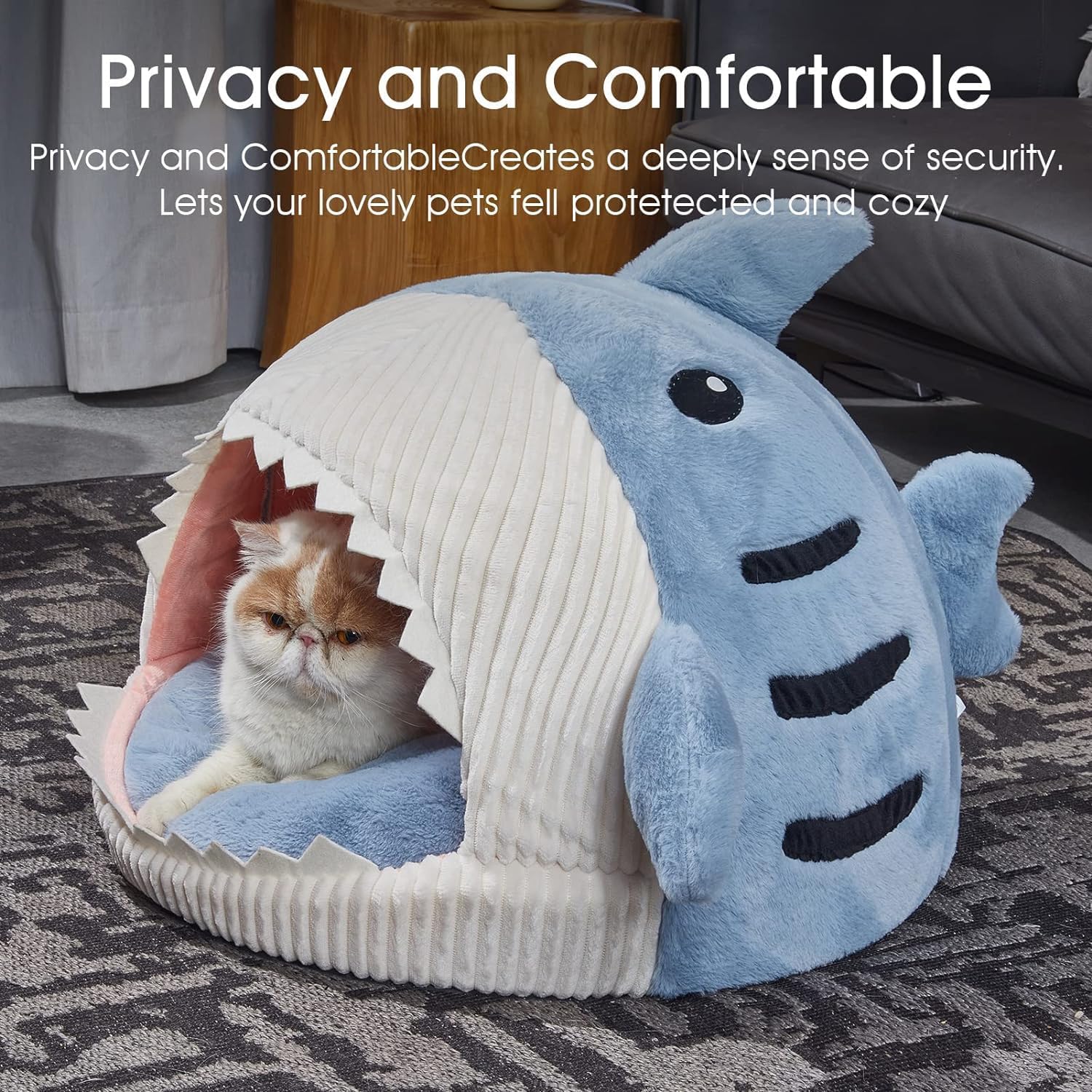 سكيهد سرير قطط ناعم لطيف، كهف دافئ للقطط على شكل سمكة قرش مع وسادة قابلة للازالة والغسل للكلاب الاليفة (رمادي فاتح، L)