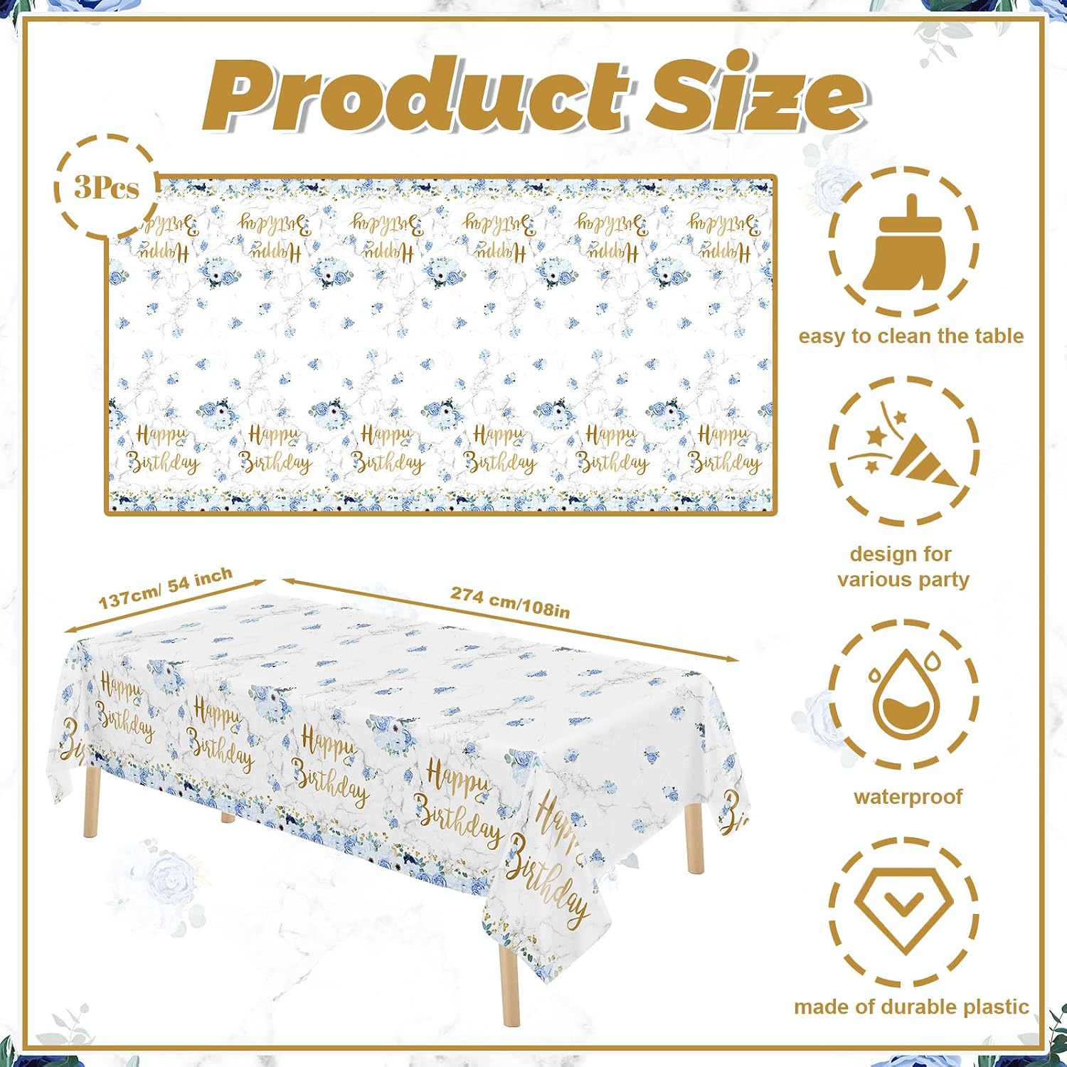 MEHOFOND 3 Pack Happy Birthday Disposable Tablecloth, 108 x 54 Inch Blue Floral Birthday Party Table Cover, Blue Flowers Marble Texture Gold Glitter Dots Bday Rectangular Table Cloth Party Decorations