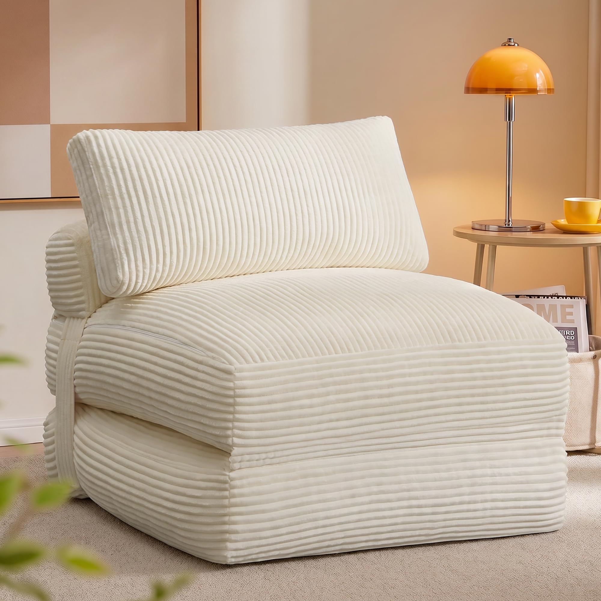 VASAGLE Sofá Cama Plegable, Sillón de Pana con Espuma de Alta Densidad, 89 x 89 x 78 cm / 89 x 195 x 43 cm, Blanco Cálido Claro, para Espacios Pequeños y Salón, Colección Camila LCS211W101