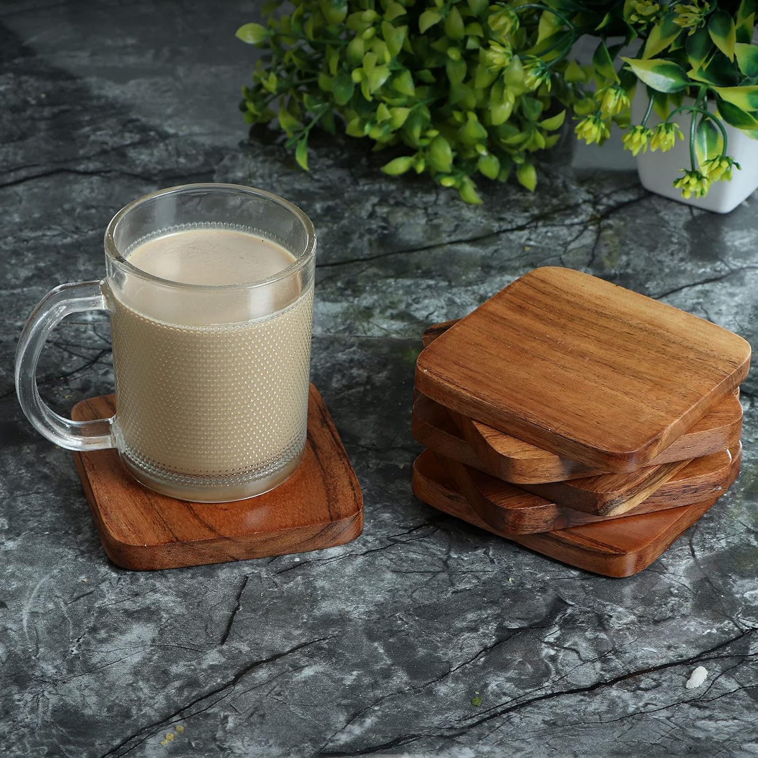 wooden rectangular coasters - 4" inch| set of 6| premium solid wood drink coasters for coffee, tea, cups & table protection