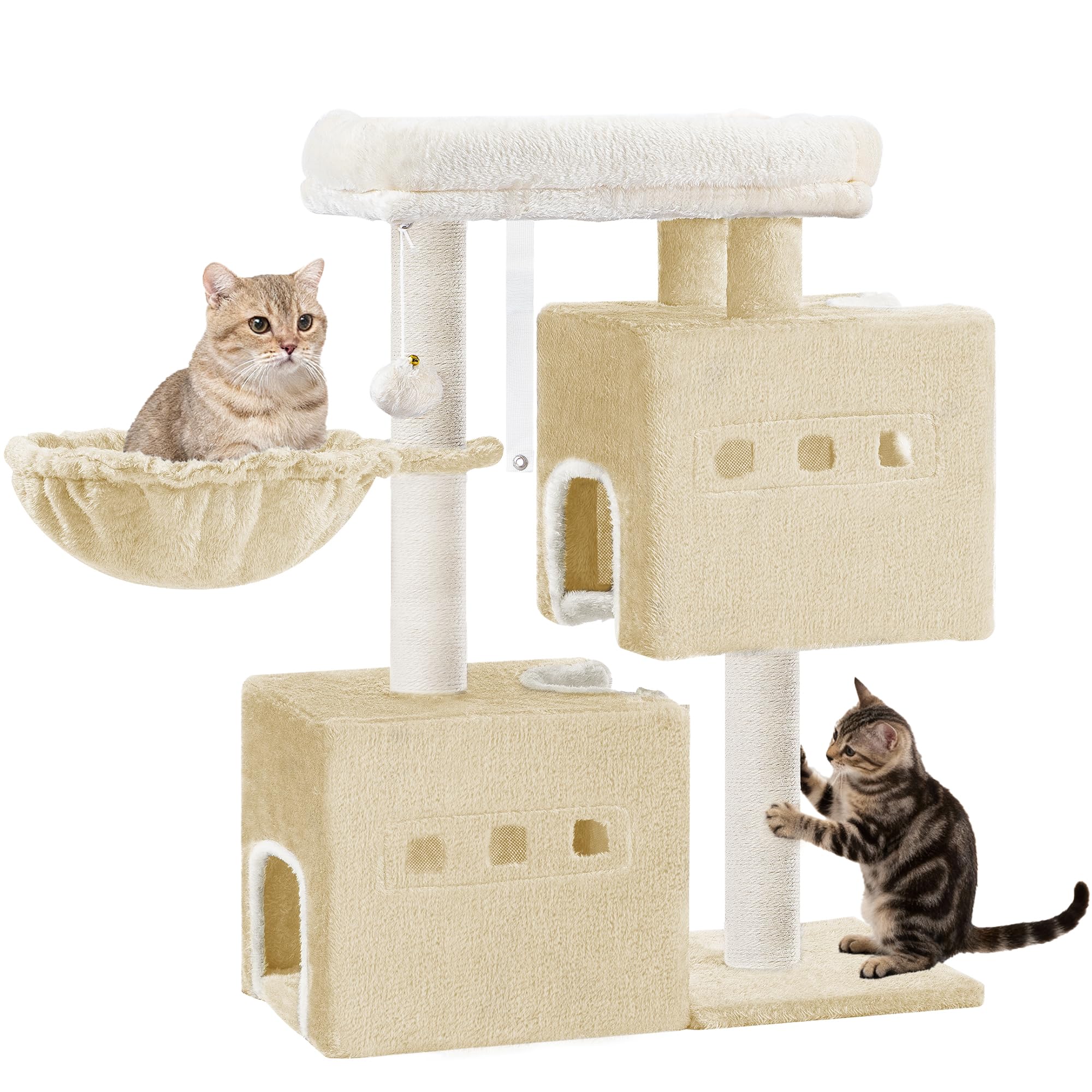 Hzuaneri Cat Tree, 75 cm Tower, Sisal Scratching Post, Cats Tower for Indoor, Multi-Level Stable Cat Tree with Cats House, 2 Caves, Pompoms, Beige MS07618YL โ image 1
