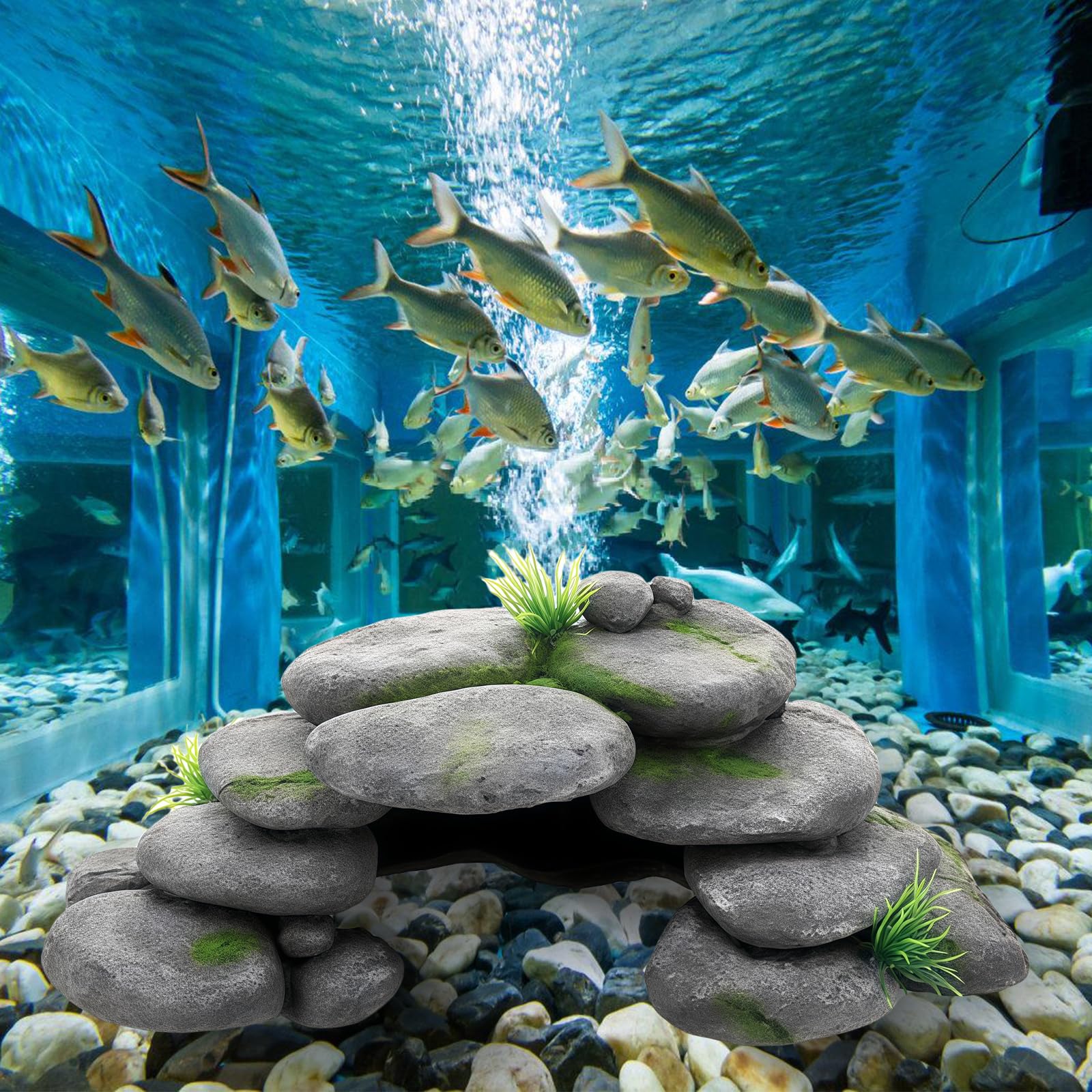 Decorazione per acquario, grotta con erba verde, decorazione per acquario, grande, decorazione per acquario, nascondiglio in resina, per tartarughe, Axolotl, gamberetti, pesci
