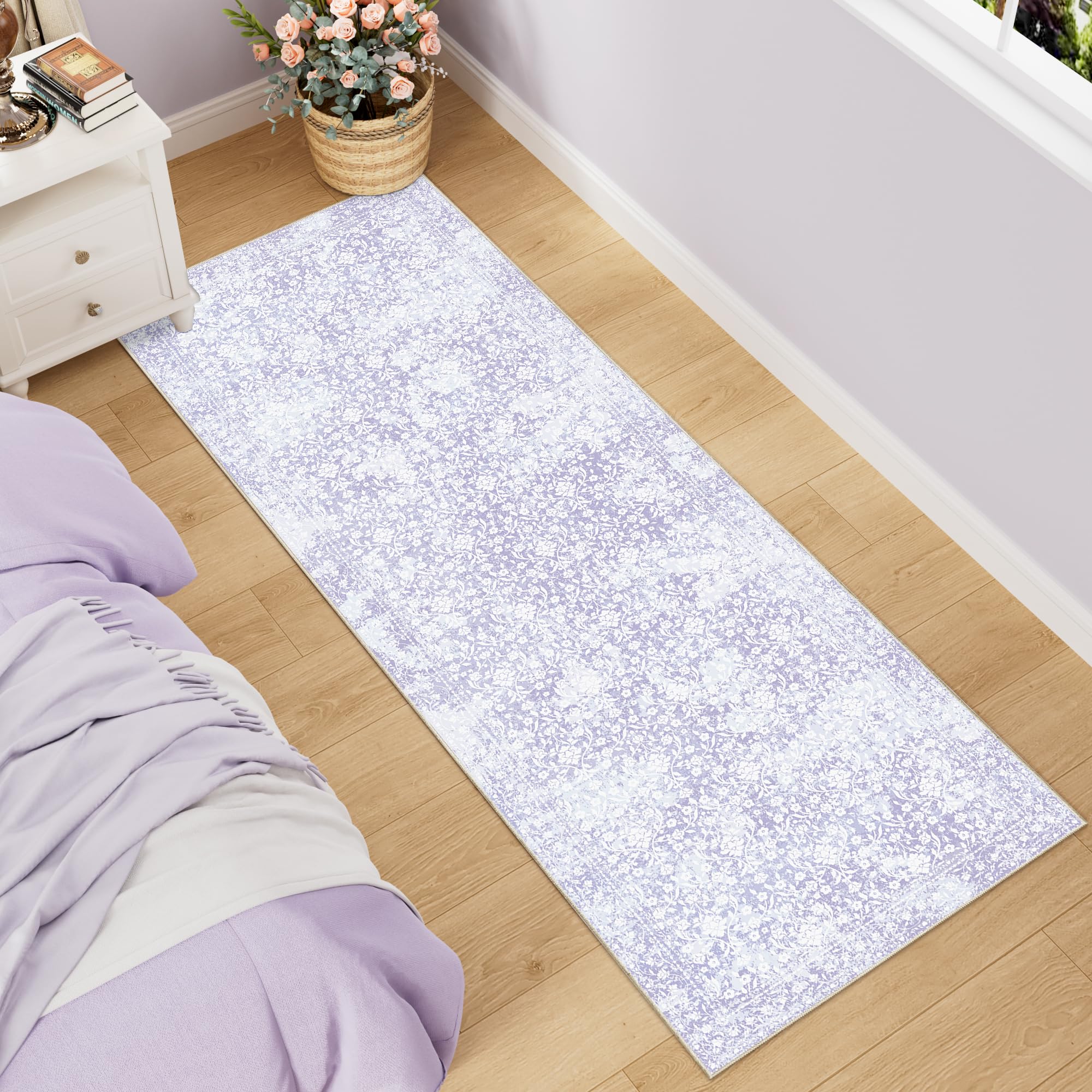 dukino 2x6 runner rug for hallway, boho washable kitchen rug with low-pile design, soft non slip rubber backing carpet for bedroom, kitchen, living room, laundry, bathroom, purple