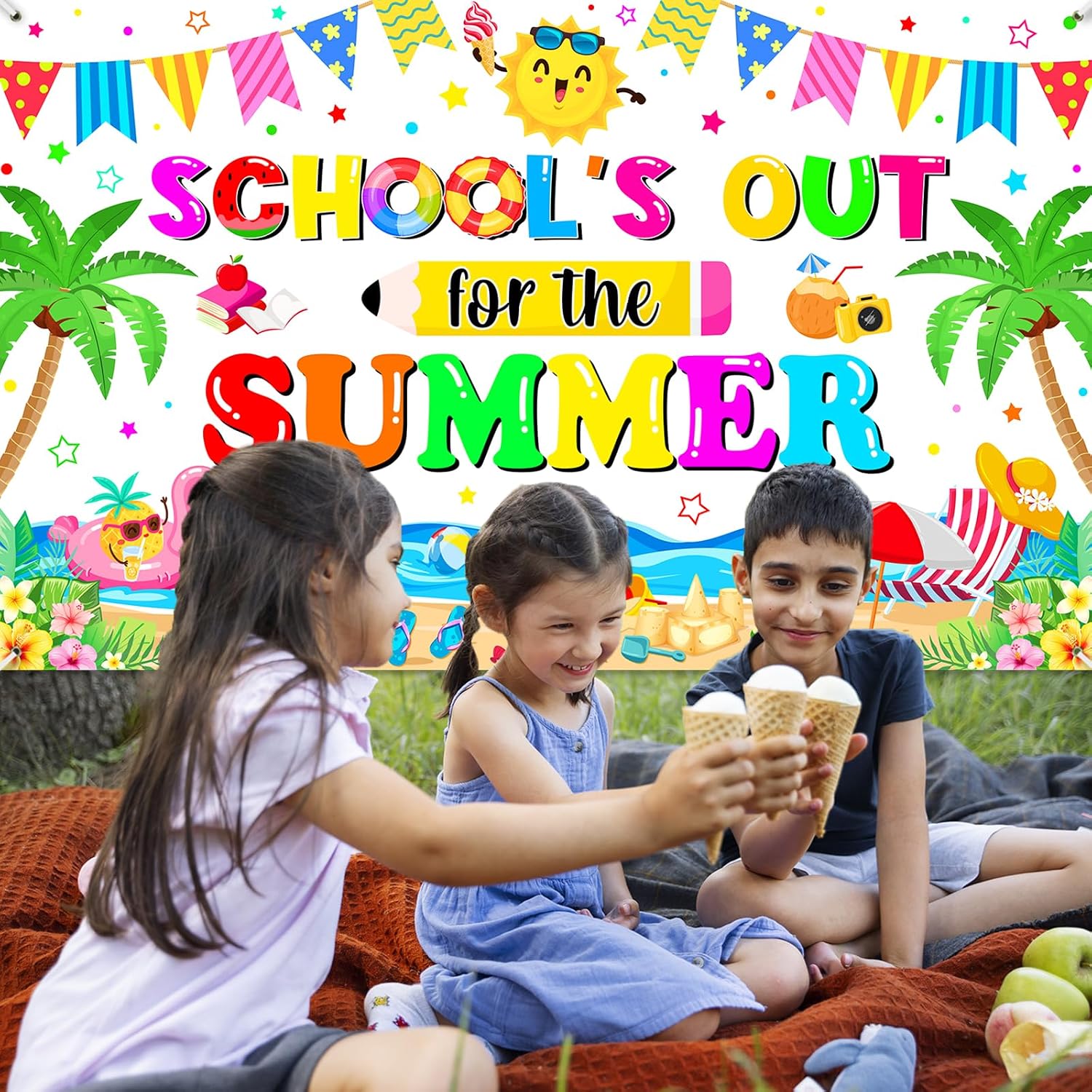 Avezano School's Out for The Summer Banner End of School Year Theme Backdrop School’s Out Banner for Preschool Kindergarten Graduation Party Summer Holiday Party Supplies 70.8 x 43.3 Inch (White)