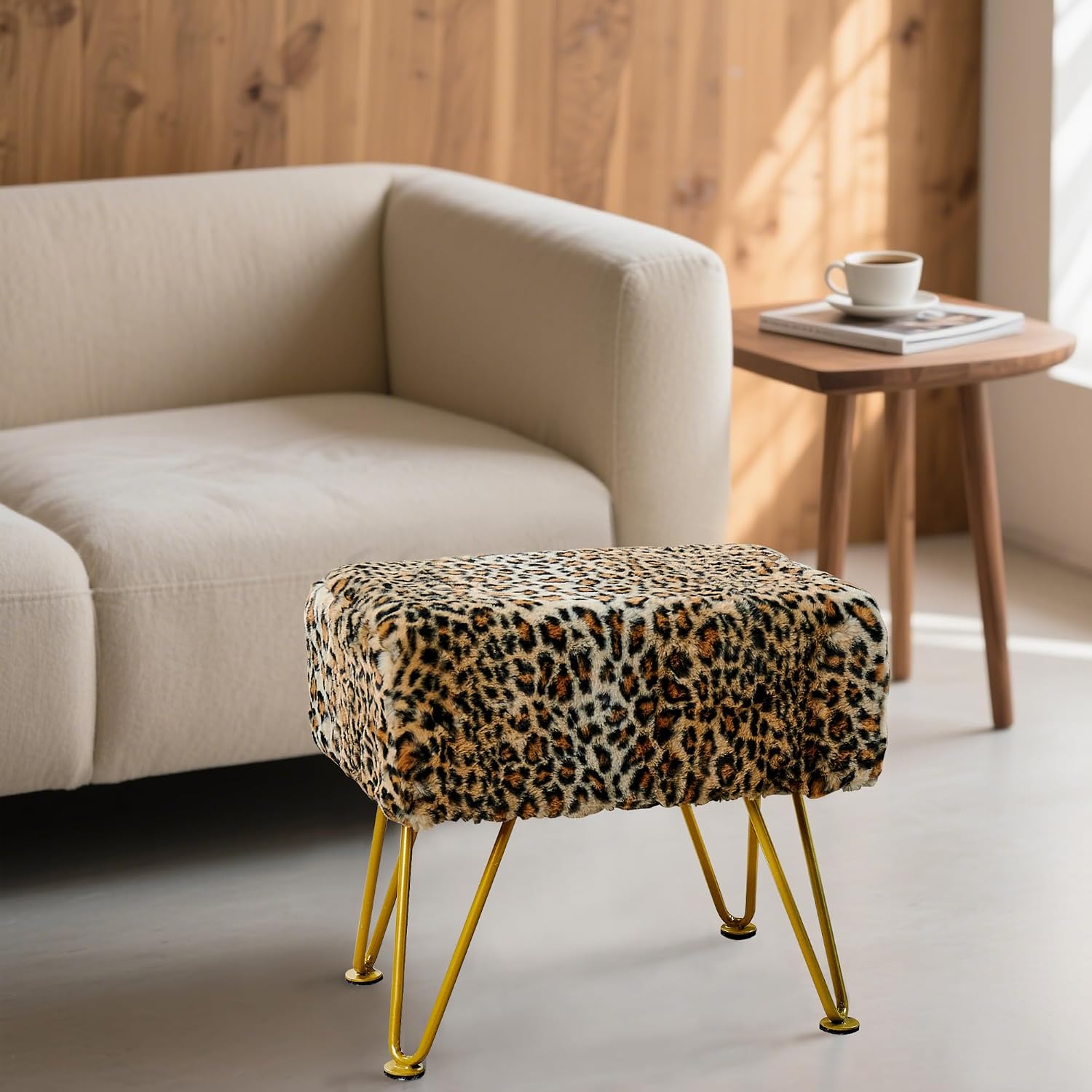HESTIN 19"x13"x17" Leopard Print Ottoman - Rectangle Footstool Pouf for Living Room, Bed Footrest, Makeup Seat - Polyester Accent Stool with Gold Legs