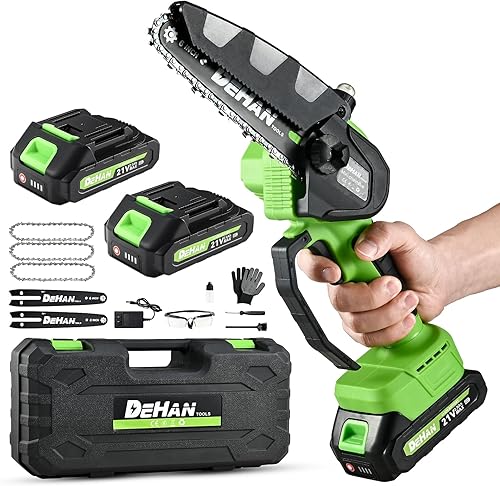 DEHANTOOLS Motosierra Mini de 6 Pulgadas Inalámbrica, Sierra de Cadena Eléctrica Sin Escobillas con 2 Baterías de 2.0Ah y 3 Cadenas, Podadora de