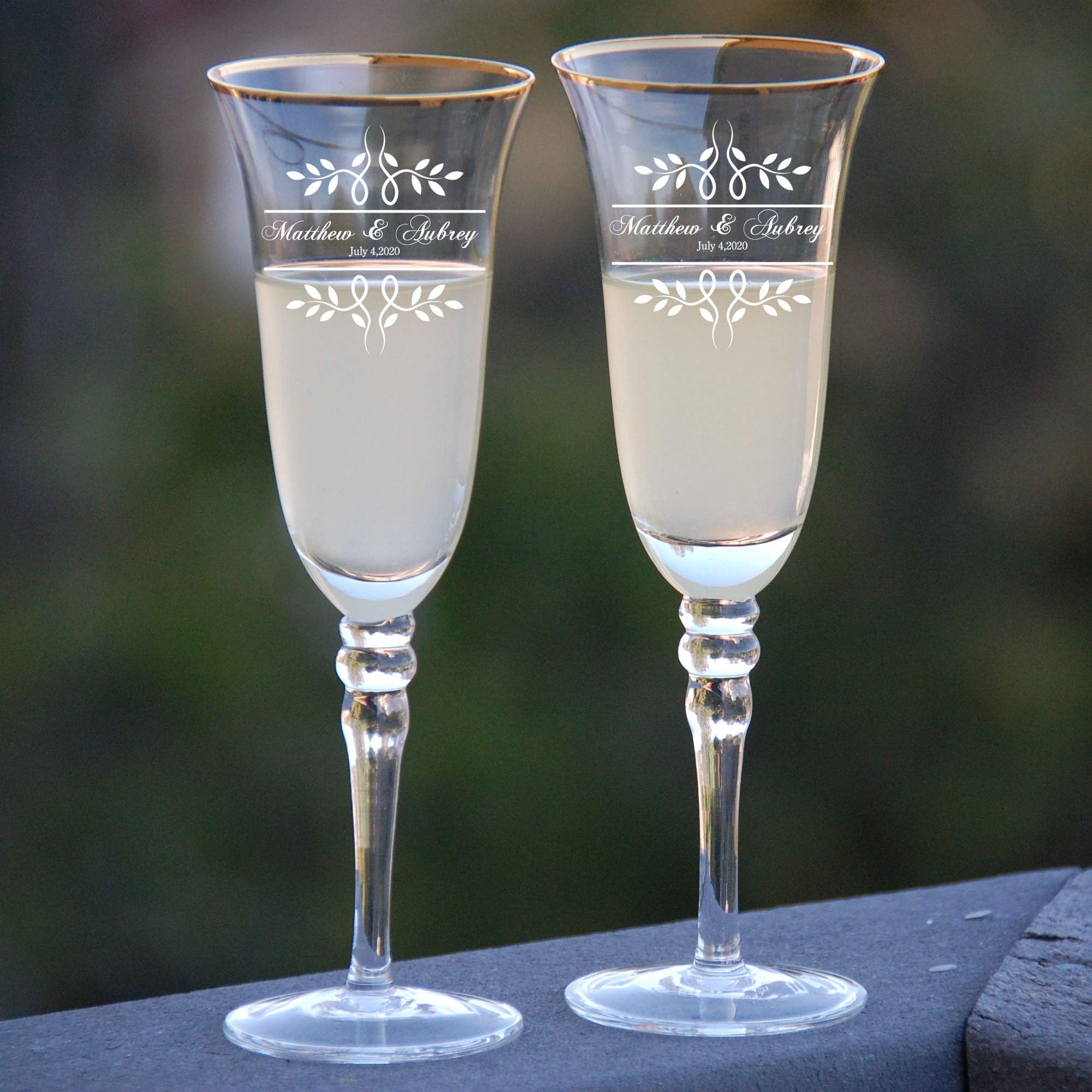Krezy CaseGold Rimmed Flare Bride Groom Names & Date Engraved Set of 2 Glasses, champagne flutes for wedding