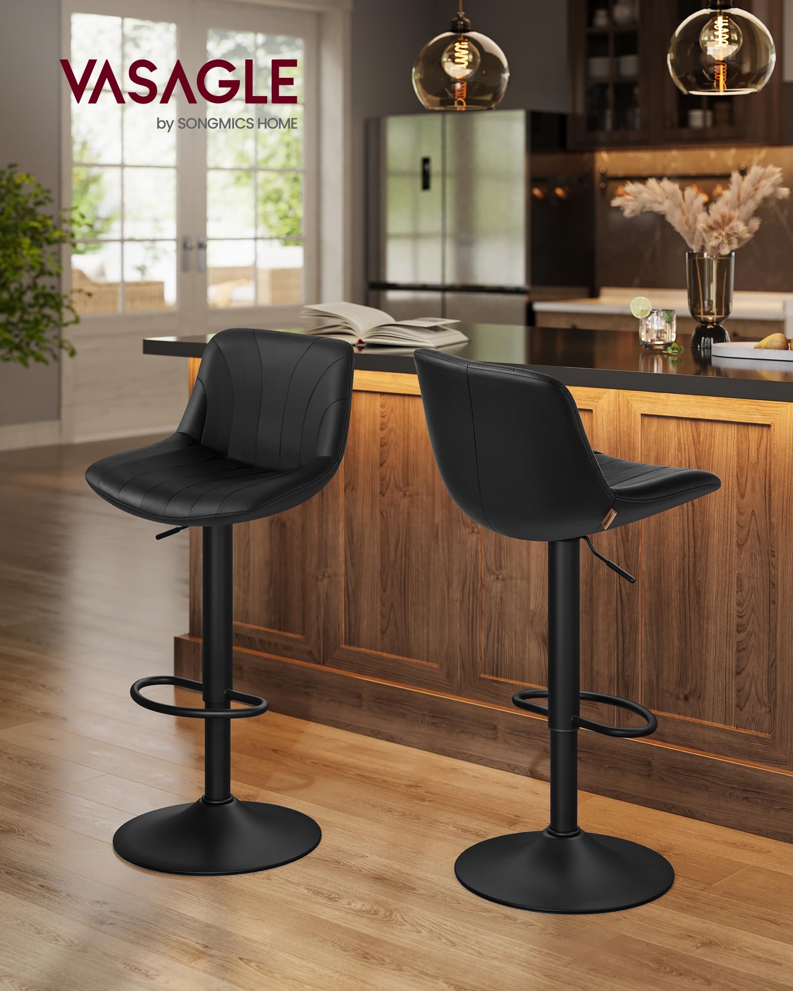 VASAGLE Tabourets de Bar, avec Dossier, Chaises de Bar Hauteur Réglable, Rotation à 360°, Repose-Pied en Métal, pour Salle à Manger, Cuisine, PU, Lot de 2, Noir d'encre LJB181BH01