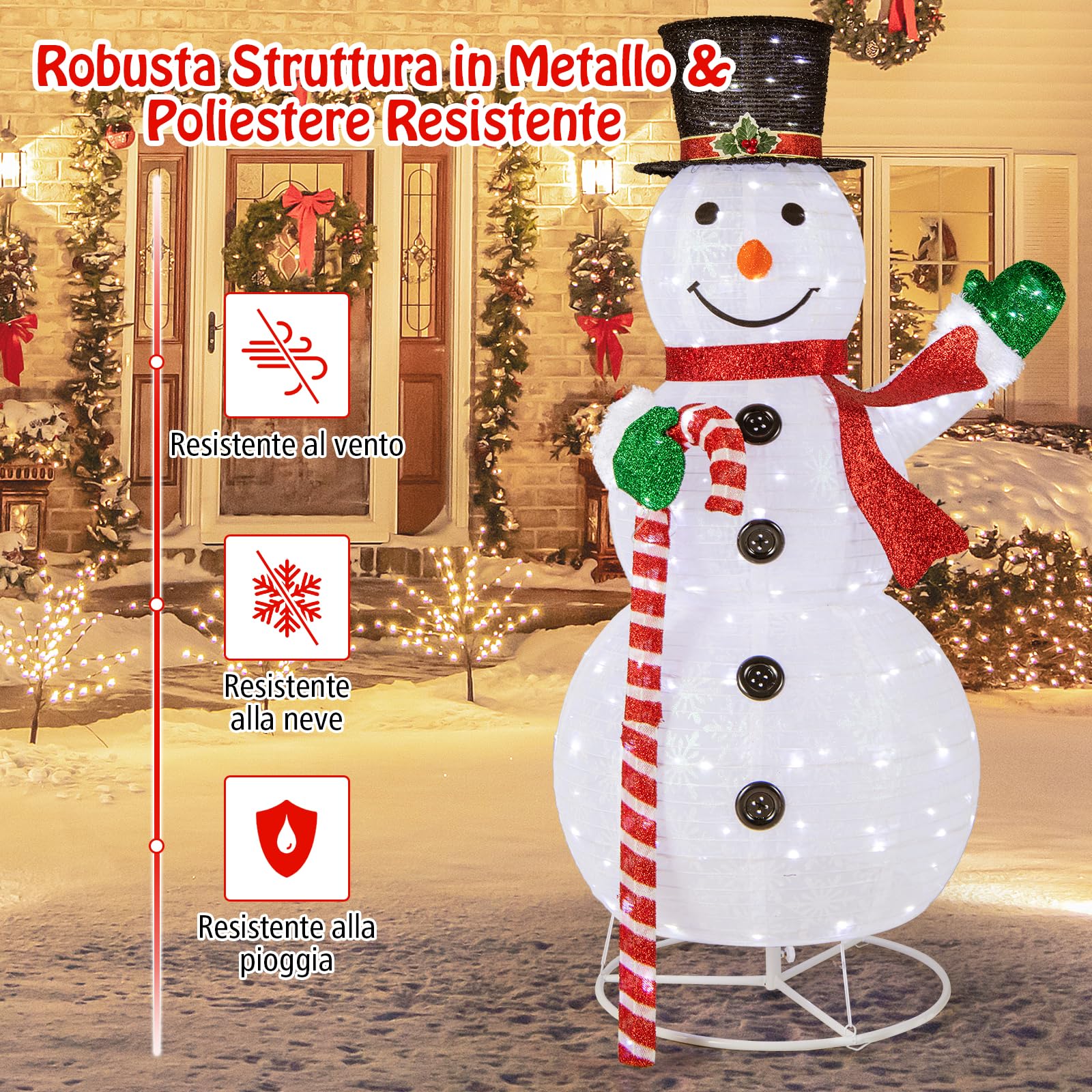 COSTWAY Pupazzo di Neve Luminoso da 150 cm, Decorazione Natalizia con 180 Luci LED, Cappello, Sciarpa, Decorazione Natalizia per Interni ed Esterni per Feste, Balcone, Giardino