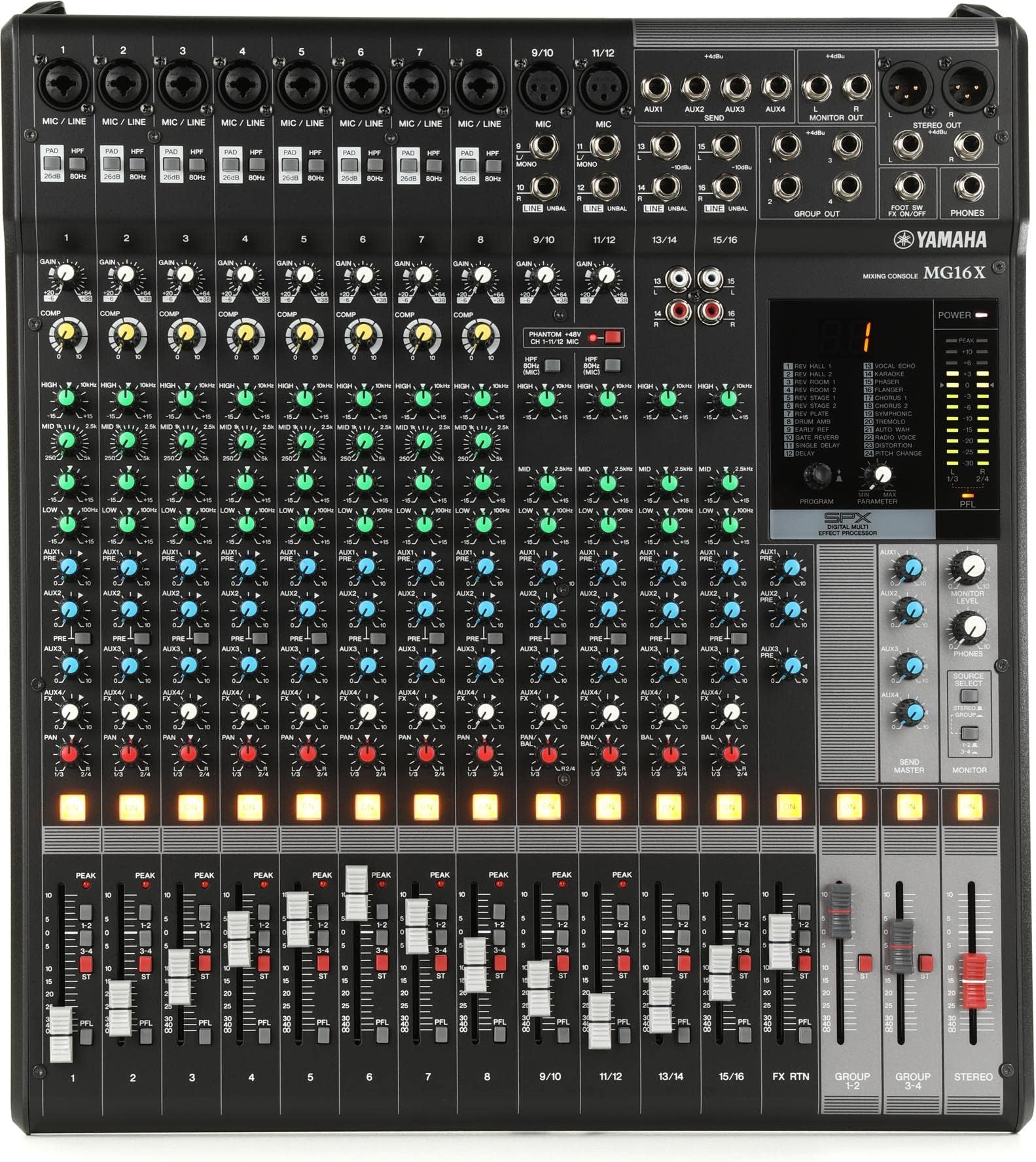 MG16X (8 XLR + 4 Stereo + Echo Effects Without USB) Analog Mixing Console,16-Channel Stereo Mixer With D-Pre Preamps, 24 Effect Programs, 4 Aux Sends, And 1-Knob Compressors, Black