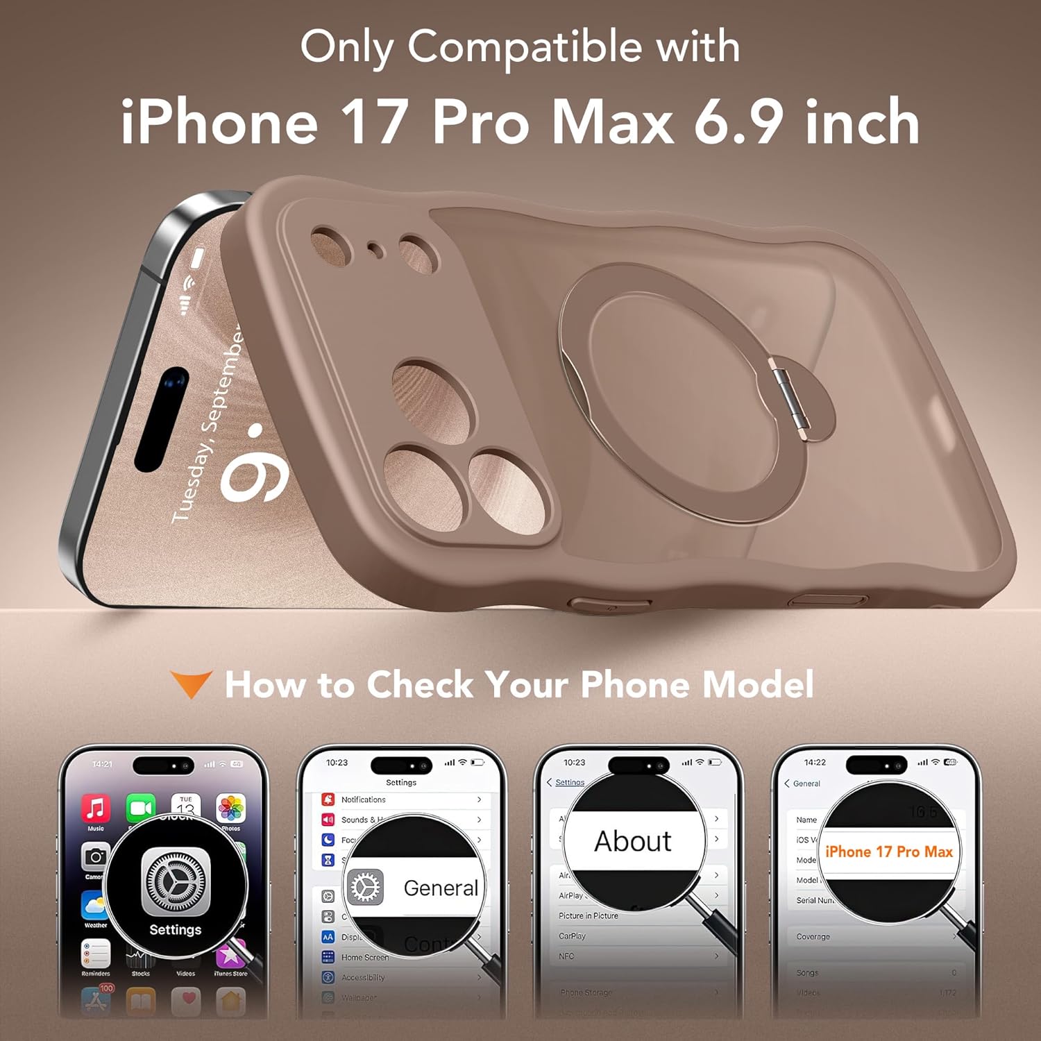 for iPhone 17 Pro Max Case for Women,[Compatible with Magsafe][360° Spin Magnetic Stand][Cute Wave Edge][Military-Grade Protection]Translucent Matte Phone Case for iPhone 17Pro Max,Withered Brown - Image 2