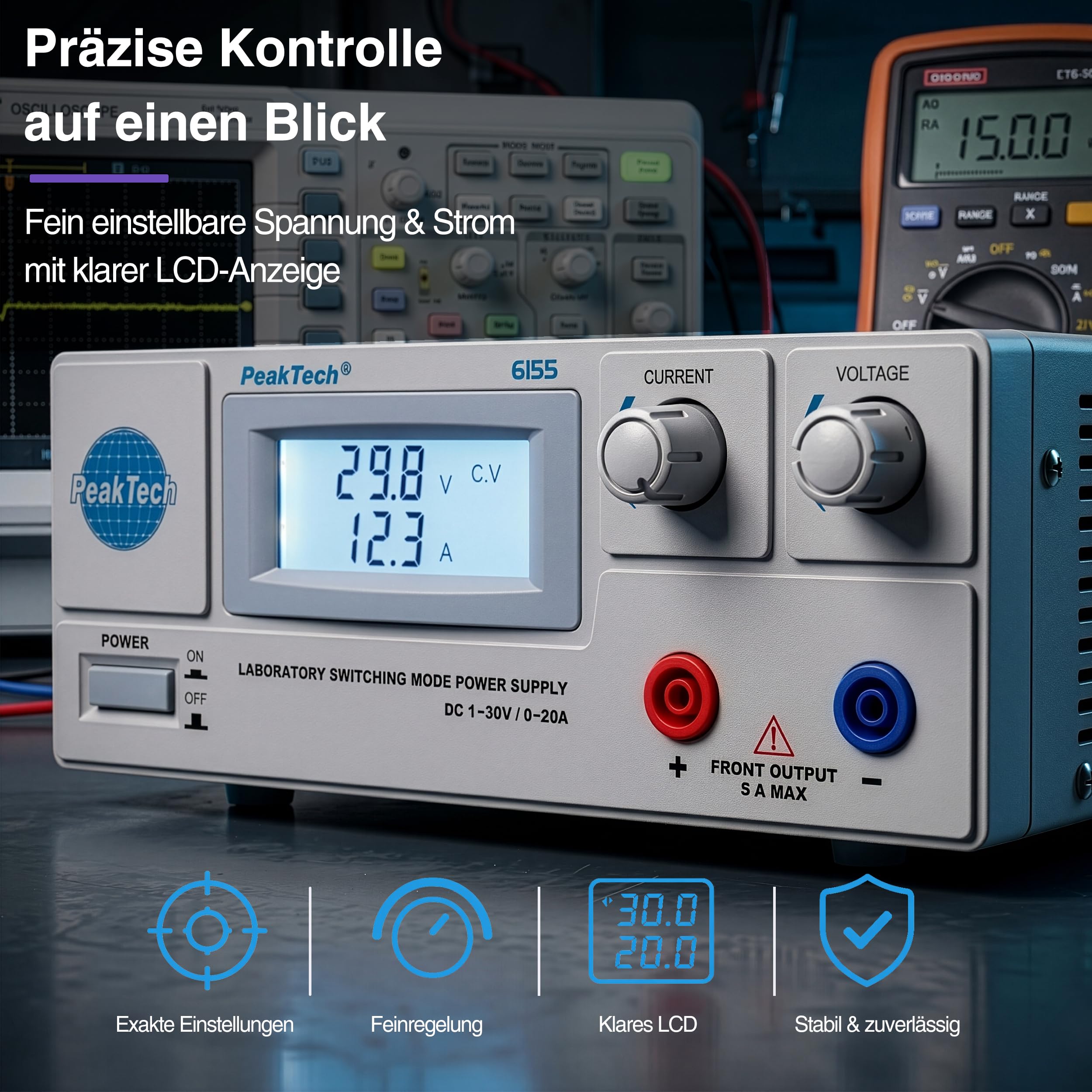 Peaktech 6155 - Alimentatore da Laboratorio Digitale Dc 1-30 V/0-20A, Schermo LCD, Alimentatore a Commutazione Affidabile, Protezione Contro le Sovratensioni, Uscita: 600 W - 214 x 87 x 336 mm