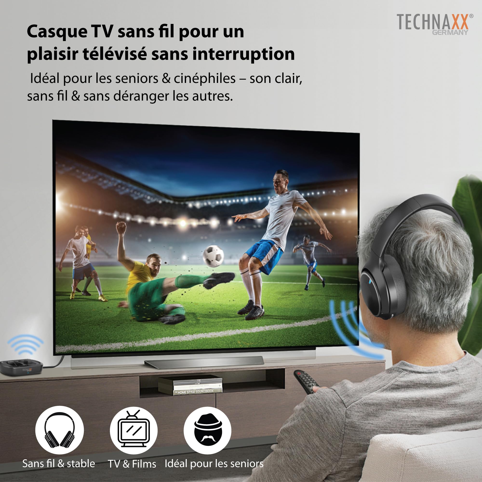 Technaxx Casque TV sans Fil avec Station de Charge – Casque Bluetooth 5.4 Over-Ear avec Microphone, 30h autonomie, USB-C, entrée Optique & AUX – Idéal pour téléviseur, Seniors & Musique - TX-350