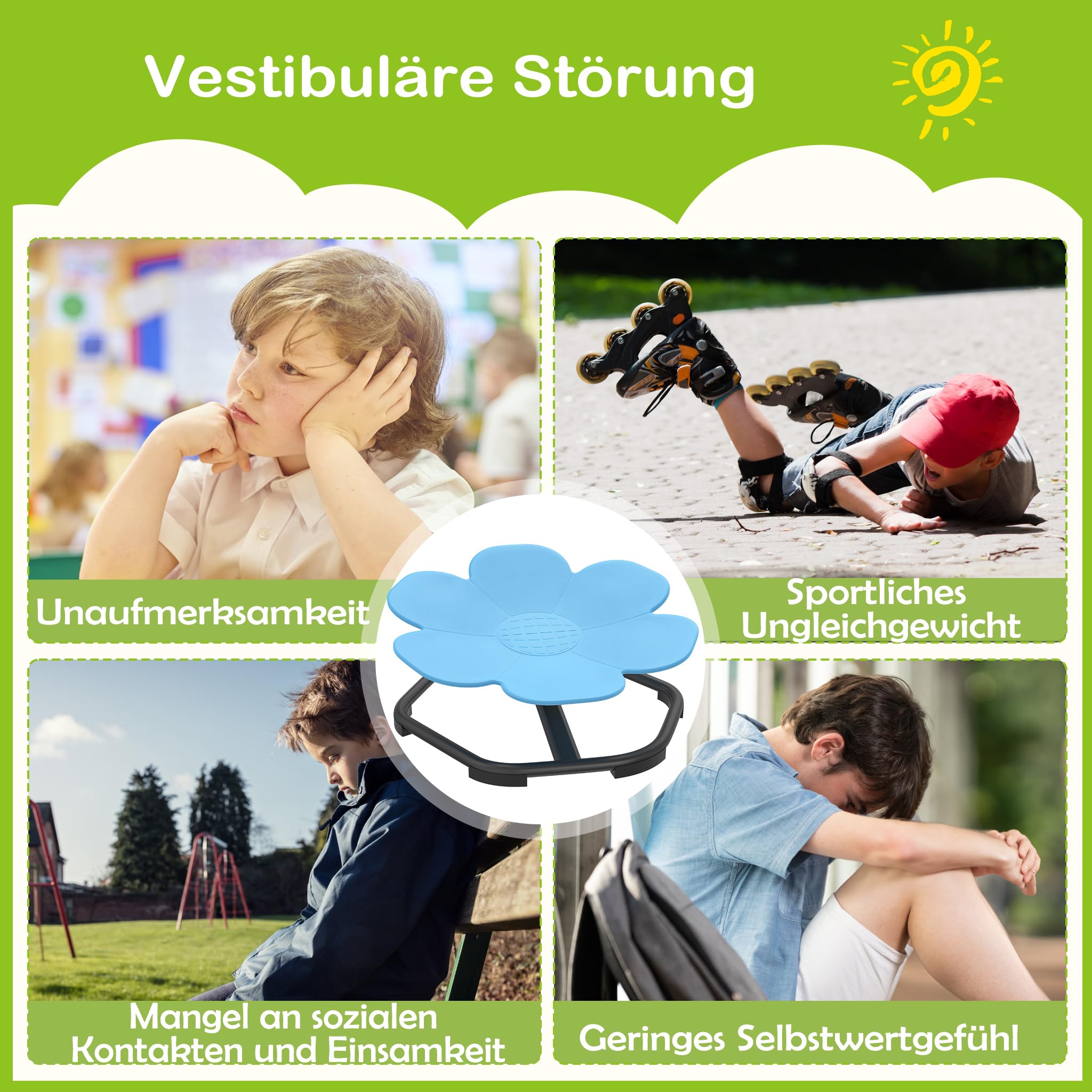 XMTECH Kinder Karussell-Drehstuhl, Blütenform Balance-Sitz mit Rutschfesten Gummipads–360° Drehbarer Balance-Hocker für Kinder, Fördert Sensorische Entwicklung, Gleichgewicht & Koordination, Hellblau