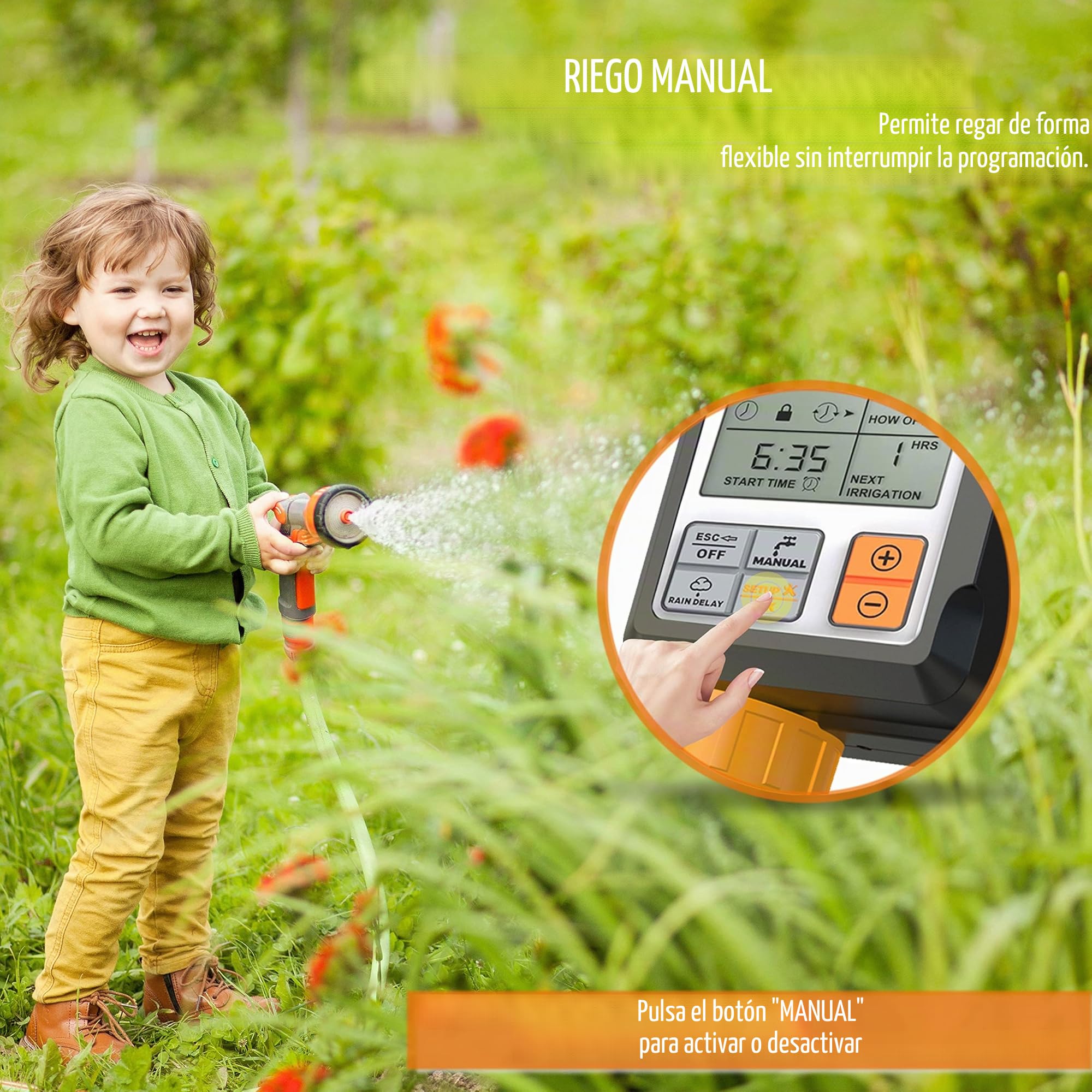 CROSOFMI Programador Riego Jardin Temporizador de Riego Automatico Control Pantalla Grande de 3 Pulgadas Naranja