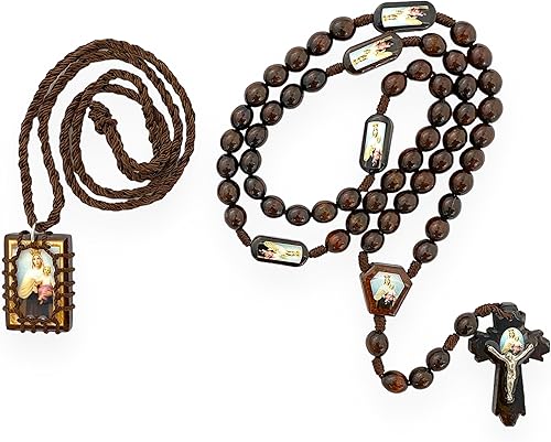 GCK Nuestra Señora del Monte Carmelo Escapulario Madera Marrón Rosario 2 Pc Set Virgen del Carmen Escapulario Rosario Madera, Madera, No es una