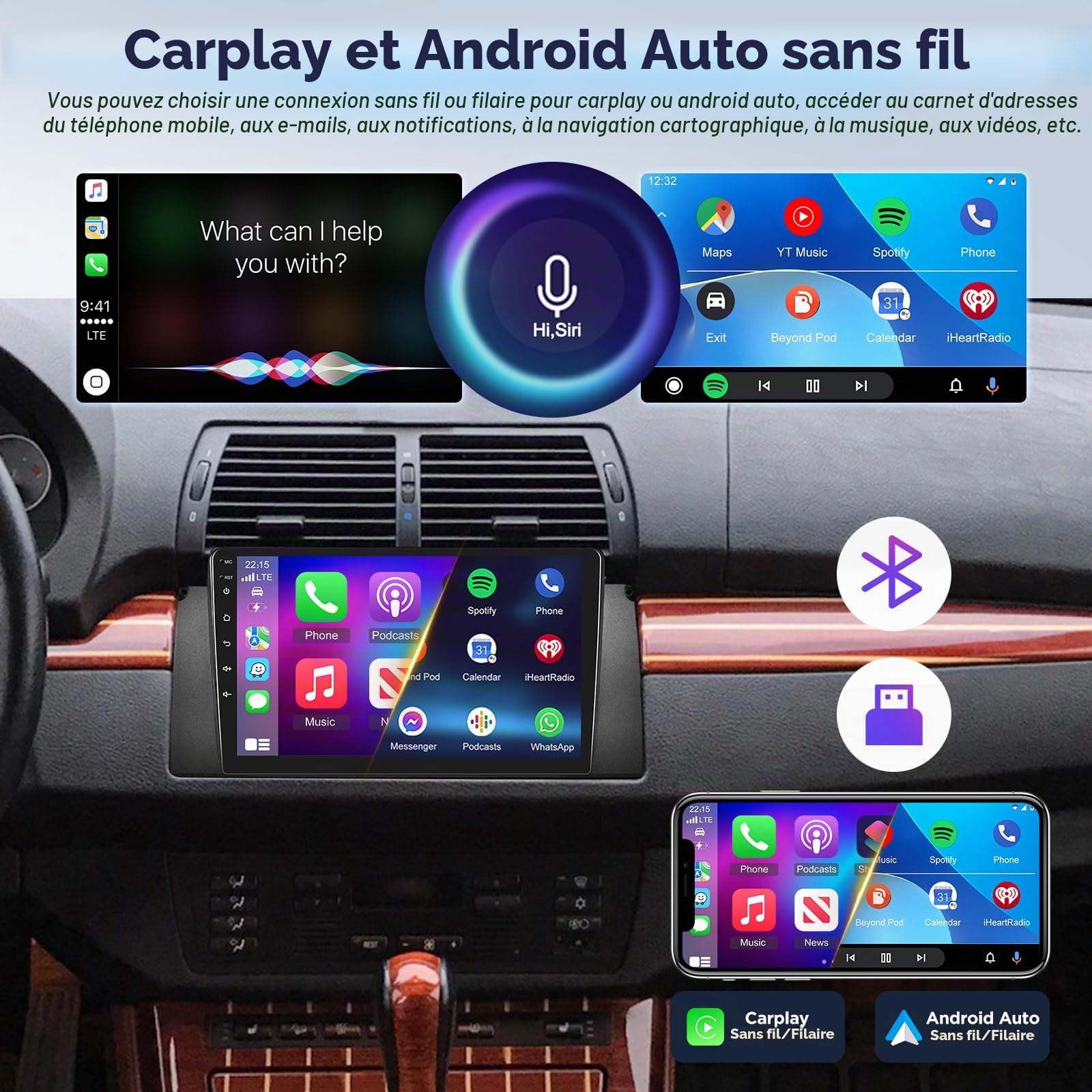 Android Autoradio pour BMW X5 E53 1999-2005 avec sans Fil Carplay et Android Auto, Écran Tactile HD de 9 Pouces avec GPS/WiFi/Bluetooth/EQ/FM RDS