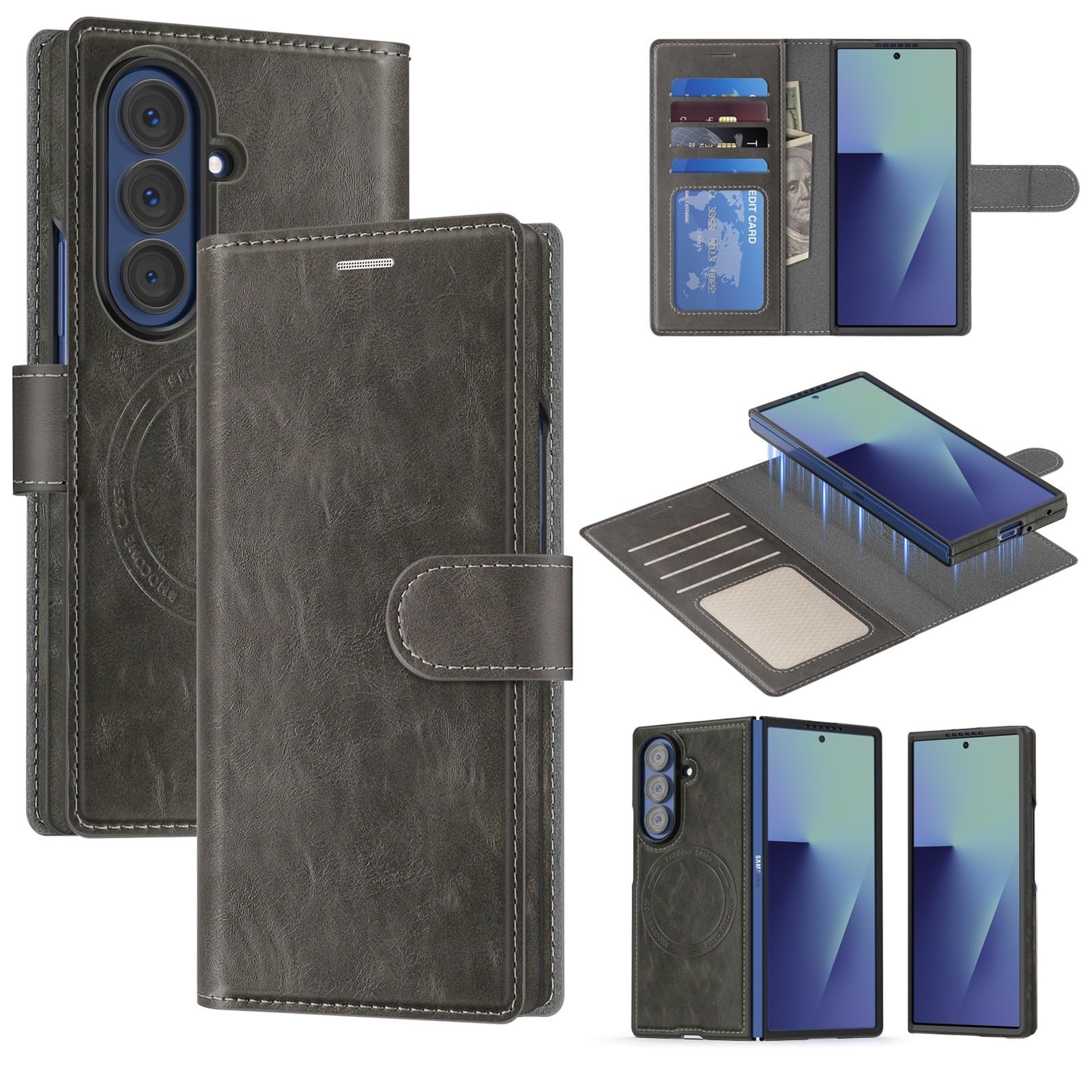Generic Custodia compatibile con Samsung Galaxy Z Fold 3 (colore: grigio) portafoglio magnetico custodia flip custodia in pelle rimovibile