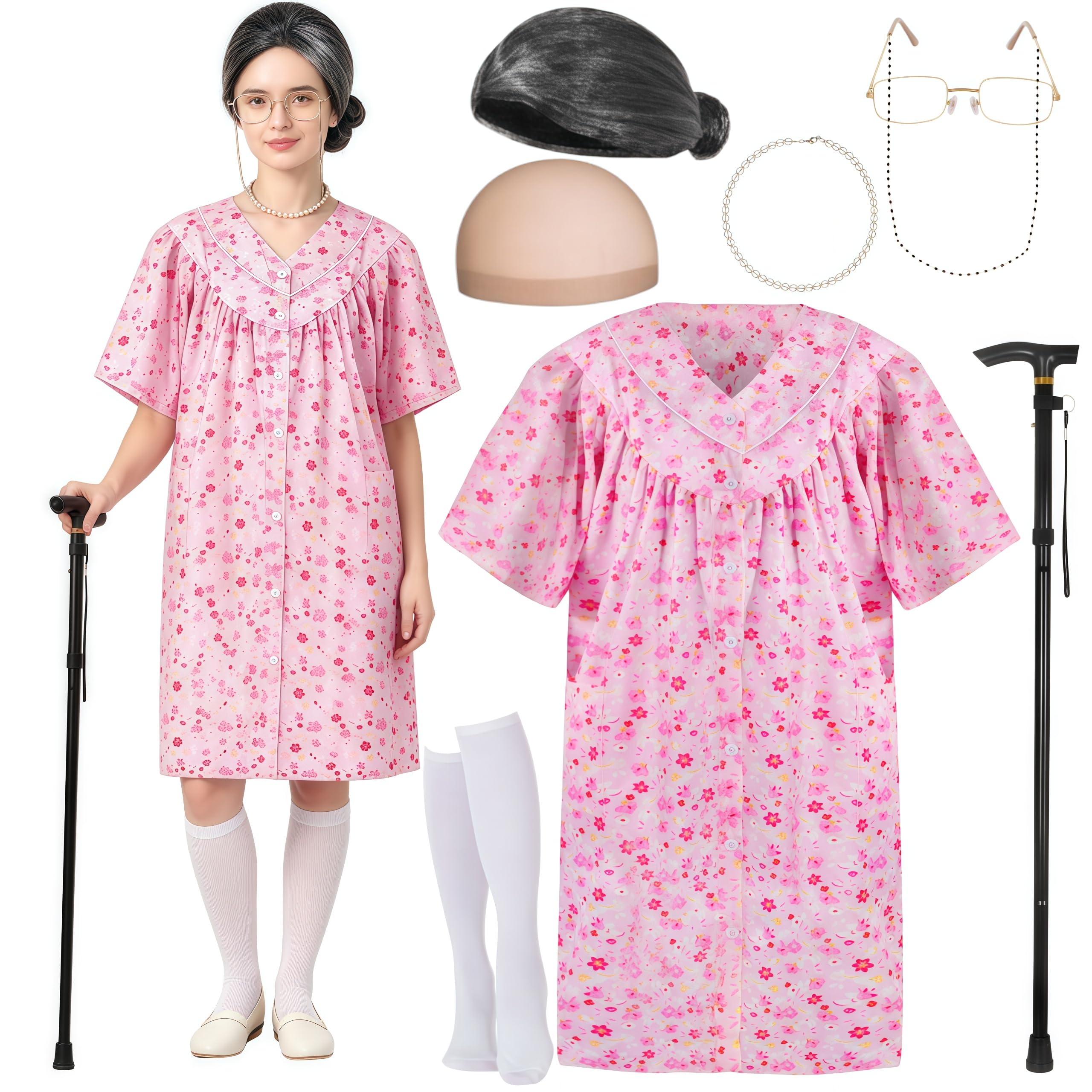 Buyzzus Old Lady Costume Set Adult 7PCS with Granny Wig Floral Dress Necklace Glasses Hair Net Cane Socks, Old Lady Fancy Dress Costume for Halloween Christmas Carnival Cosplay
