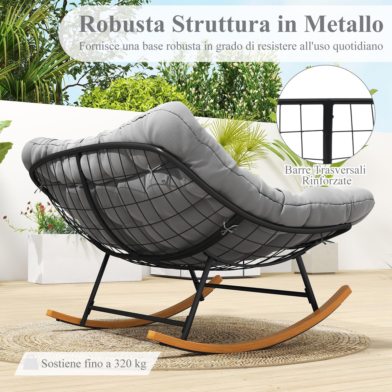 RELAX4LIFE Sedia a Dondolo a 2 Posti da Interno ed Esterno con Comodo Cuscino Imbottito, Dondolio Delicato per il Relax, Sedia a Dondolo Moderna per Soggiorno, Giardino, Cortile, Grigia