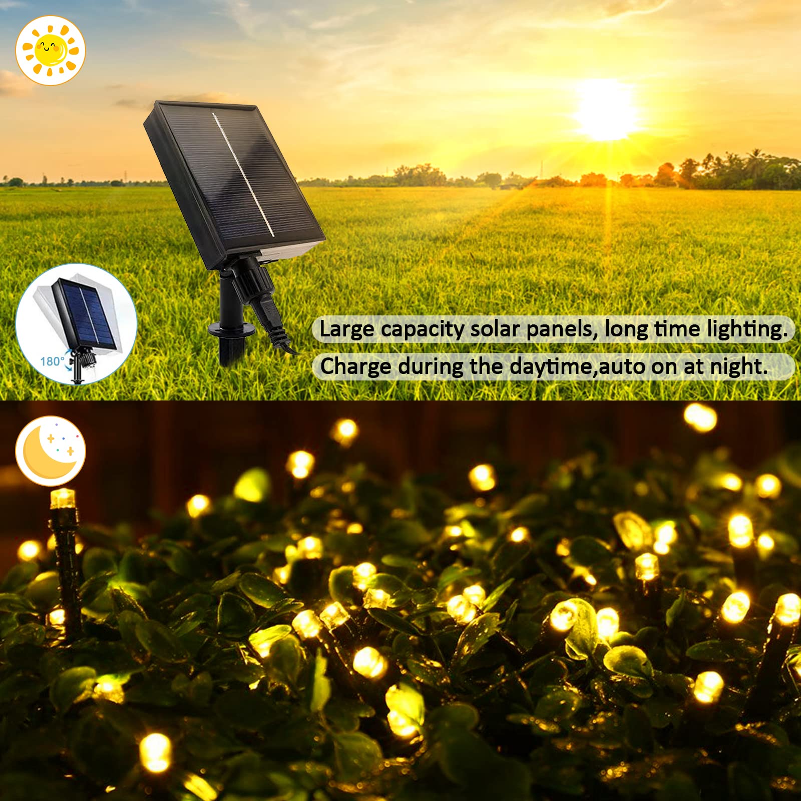 Solarny łańcuch świetlny do ogrodu, solarny łańcuch świetlny 22 m, 8 trybów, 200 diod LED, wodoodporne, solarne łańcuchy świetlne z pilotem na zewnątrz, na ślub, Boże Narodzenie, przyjęcie,