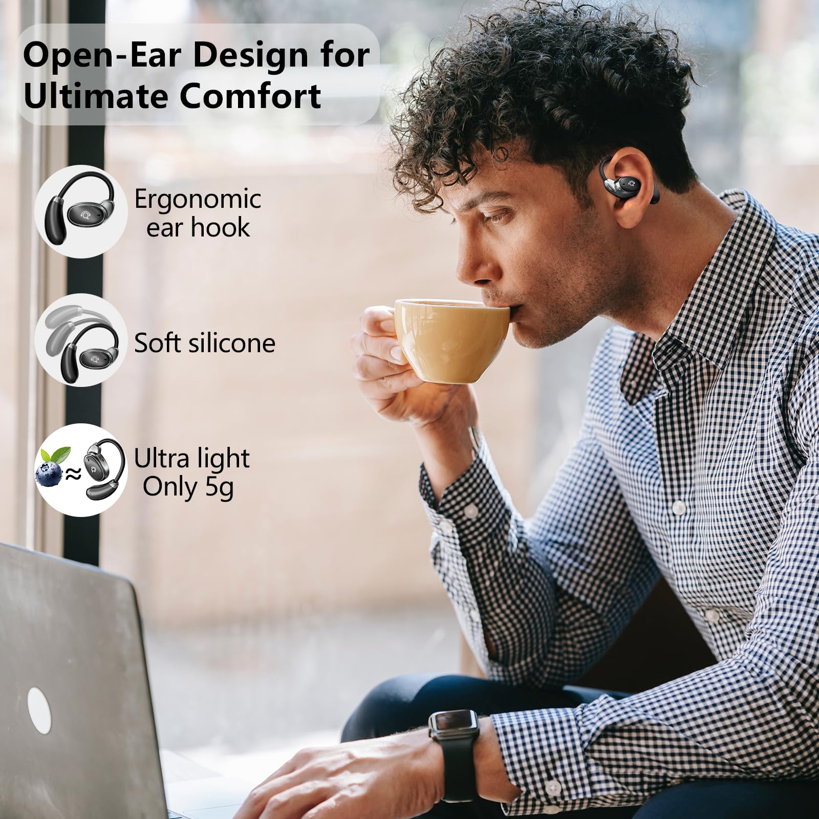 QKJ Auricolari aperti Bluetooth 5.4, 32H tempo di riproduzione, IPX4 resistente all'acqua, gancio per orecchio ergonomico ultra-confortevole, driver ovali 15x11mm, controllo touch, auricolari sportivi