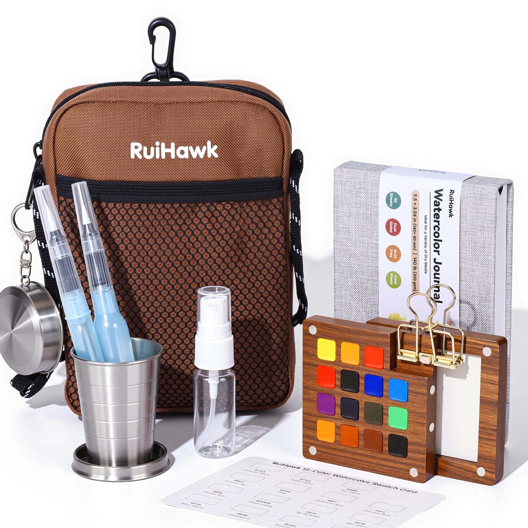 Amazon | RuiHawk 15色水彩絵の具セット、オールインワントラベル水彩