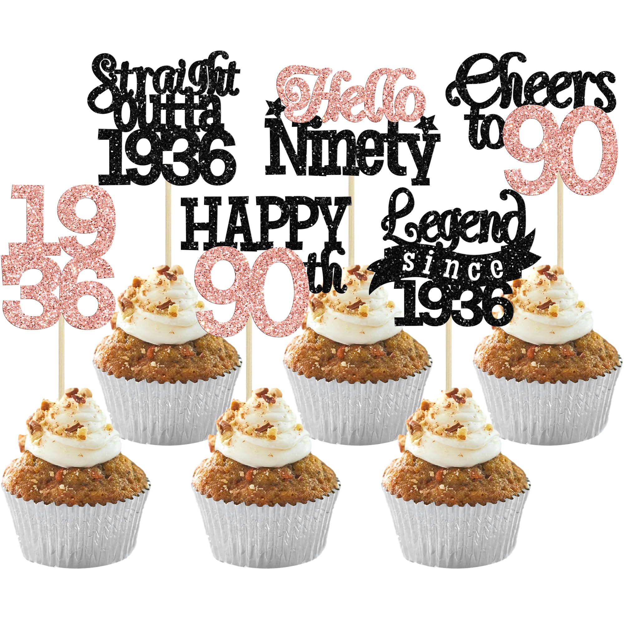 Gyufise 24Pcs Happy 90th Birthday Cupcake Toppers Hello Ninety Legend Since 1936 Cupcake Picks Cheers to 90 Years Cake Decorations for 90th Birthday Anniversary Party Supplies Black Rose Gold