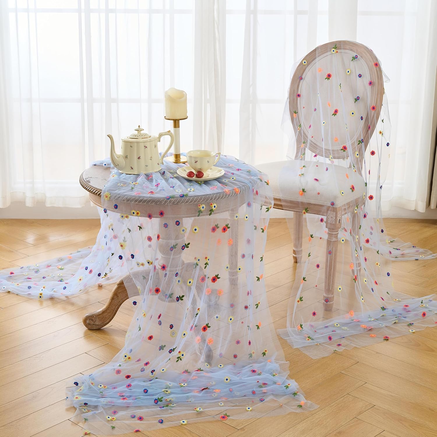 3PCS Blue Floral Table Runner 10 FT, Embroidery Daisy Table Runners Seasonal Spring Summer Sheer Tulle Dining Table Decor for Home Party Birthday Decor 29x120 Inch