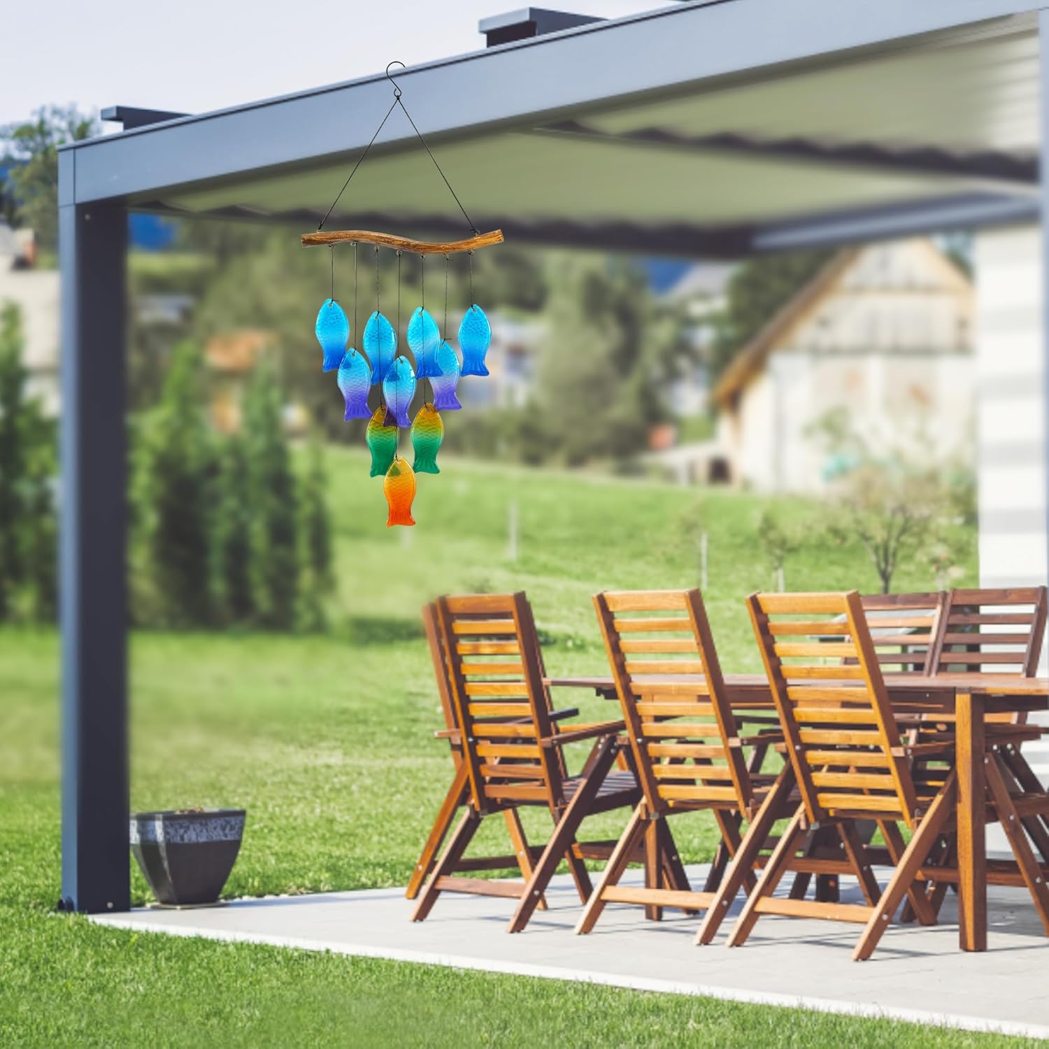 Glass Fish Wind Chime, Themed Wind Chimes with Melodious Soothing Sound, Colorful Hanging Glass Wind Chime for Outdoor Garden Patio Yard Decor, Unique Housewarming Gift, 28" x 11.8"