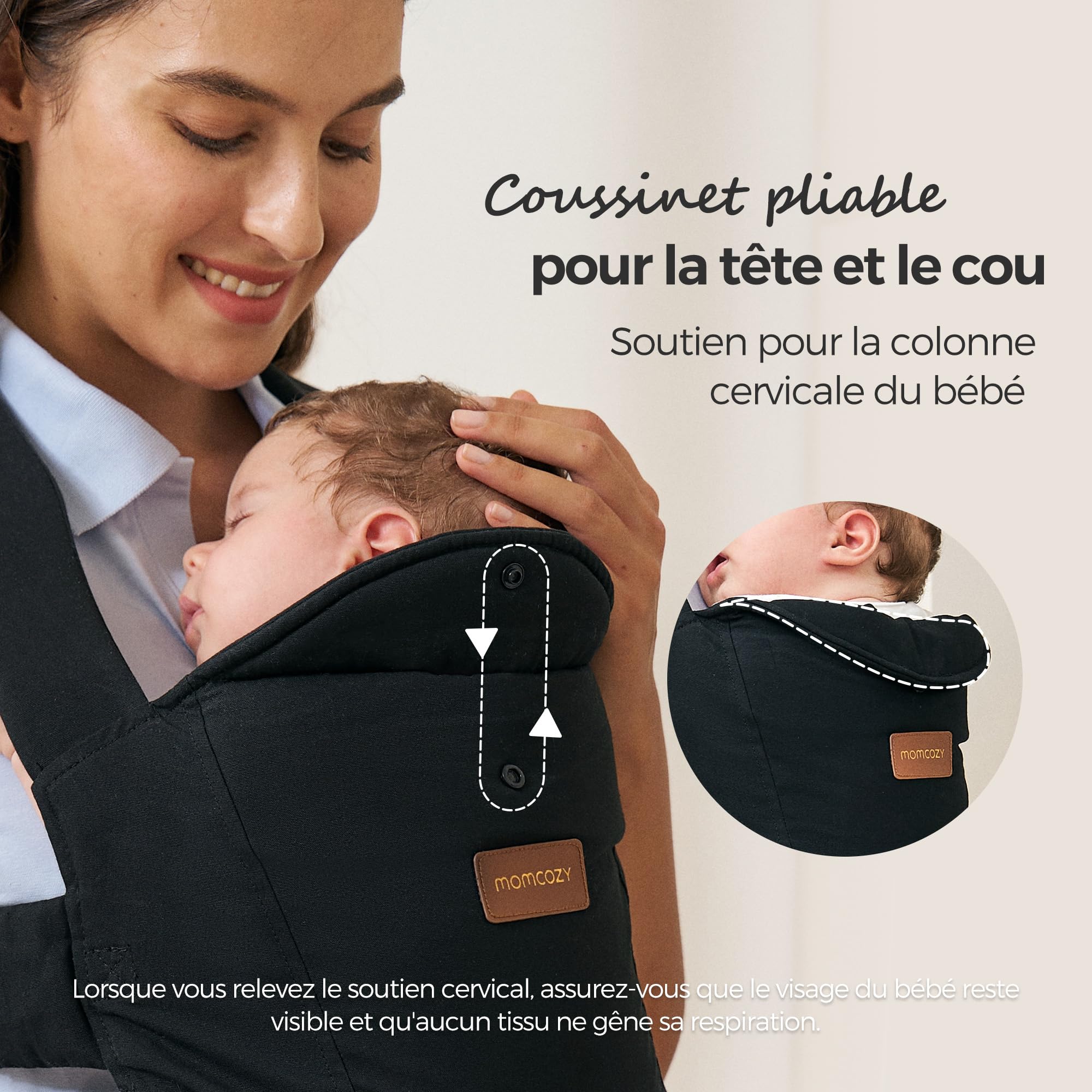 Momcozy Porte-bébé nouveau-né dès la naissance | Aide ergonomique avec appui-nuque | Léger et sûr (3 à 11 kg), Noir