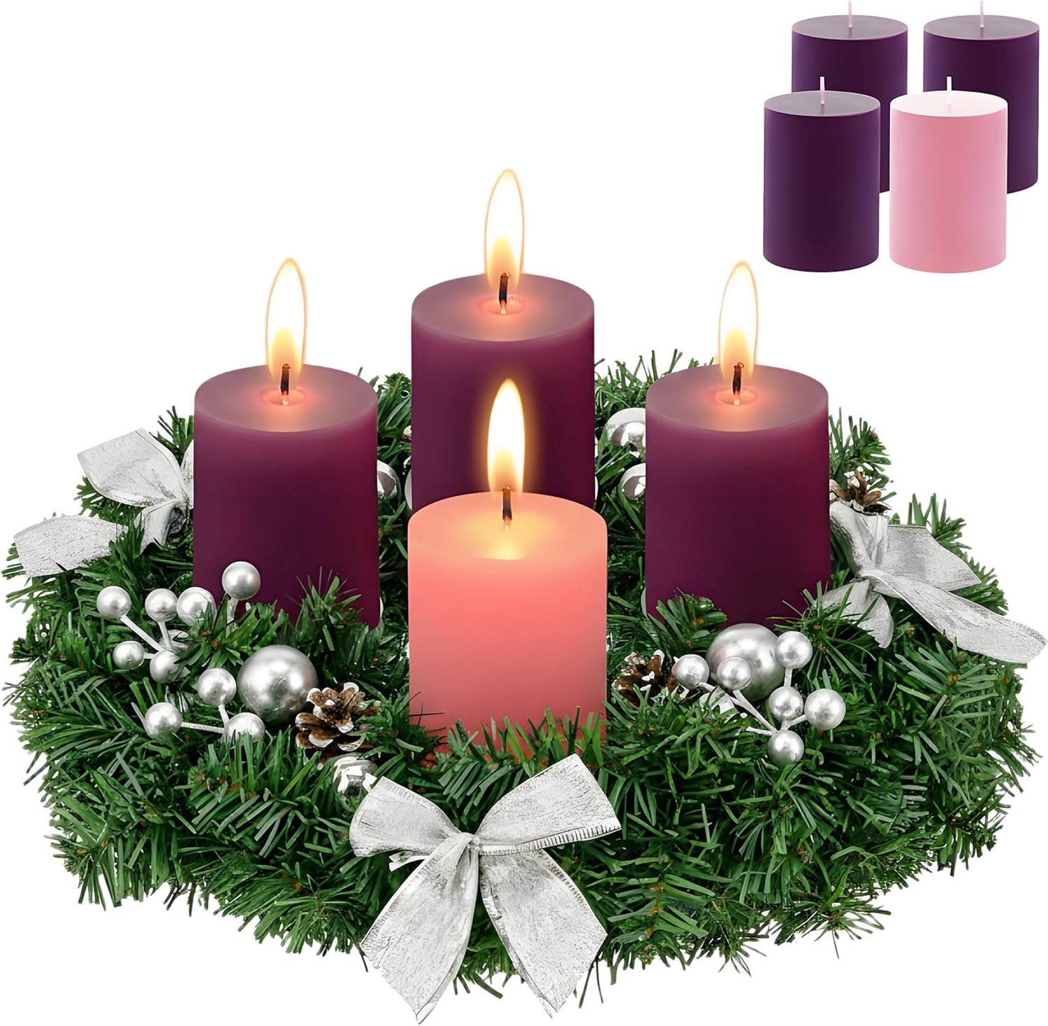 Hotop 5 Pcs Advent Wreath and Candles Set Corona De Adviento Católica Con Velas Xmas Pine Cone Ribbon Berry Poinsettia Centerpiece Table Decor(Silver,Bow)