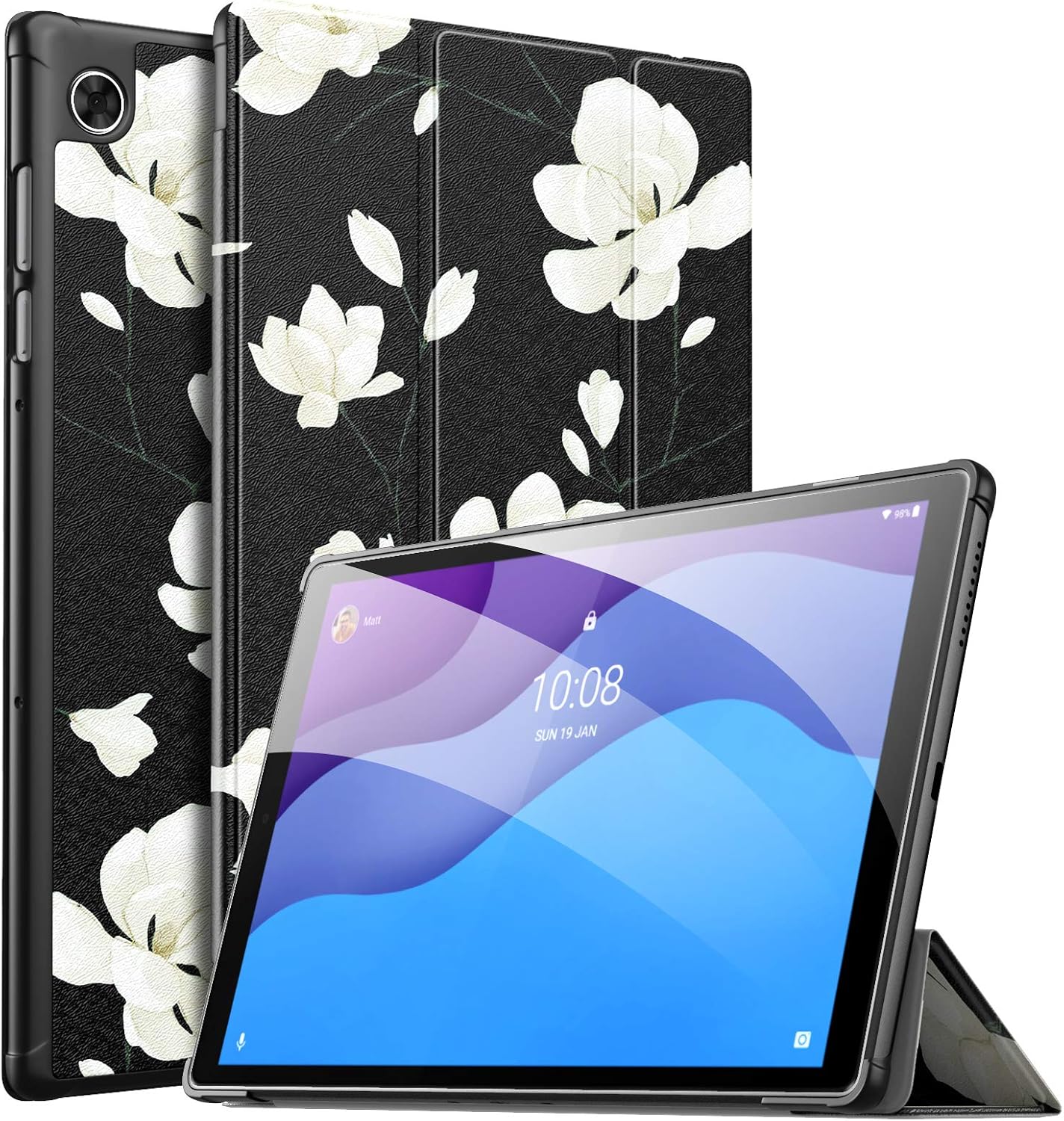 MoKo Case for Lenovo Tab M10 HD(2nd Gen TB-X306F/TB-X306X 10.1" 2020, PU Slim Shell Shockproof Back Trifold Stand Cover Case with Auto Wake for Lenovo Smart Tab M10 HD 2nd Gen, Black & White Magnolia