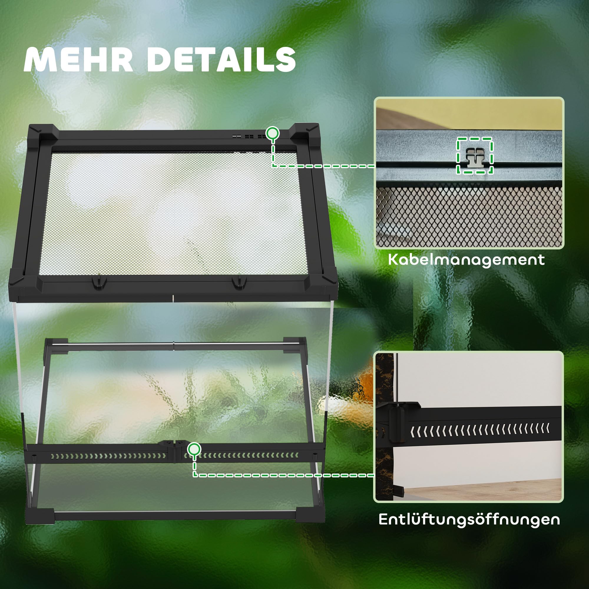 PawHut Terrario per rettili, terrario in vetro, 24 l, contenitore di alimentazione rettile, con ventilazione frontale, tappo a vite per anfibi ragno, nero, 30 x 30 x 30 x 30 cm