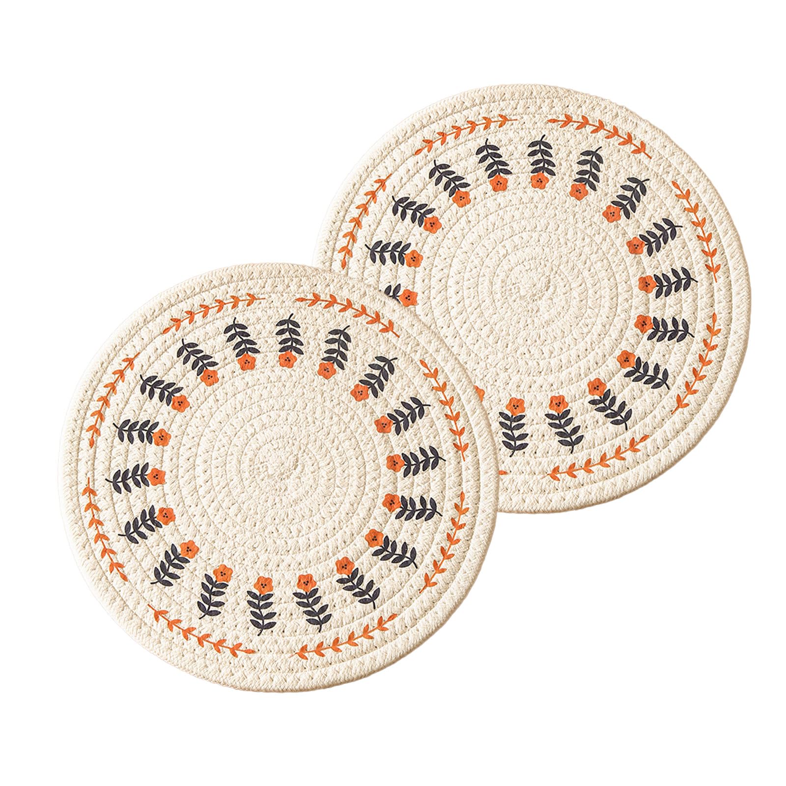 Hand-Woven Round Placemats Set - Cotton Linen Heat-Resistant, Soft, and Durable, with Cute Floral Print - Perfect for Cups, Bowls, Pots, and More (2,