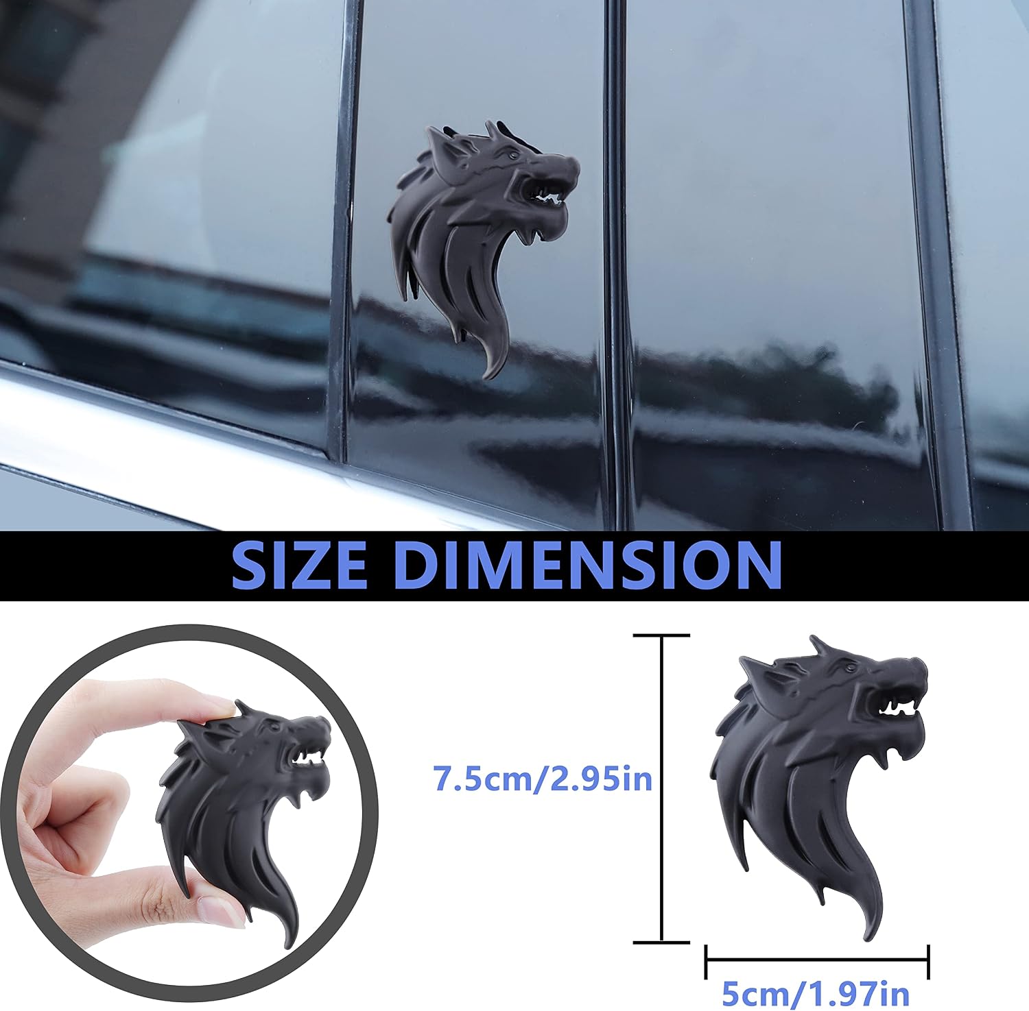 2pcs Cool Wolf Head Car Side/Rear/Front Decorations Badge Emblem 3D Self-Adhesive Nameplate Sticker for Car (Black)
