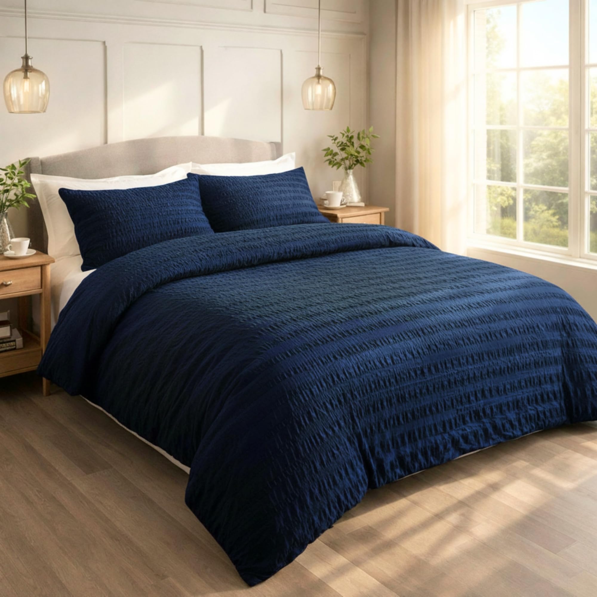 Seersucker Double Duvet Cover Set Navy with Pillowcase, Ultra Soft Brushed Microfiber Bedding Set, Breathable, Easy Care, Machine Washable Quilt Cover, Wrinkle Resistant