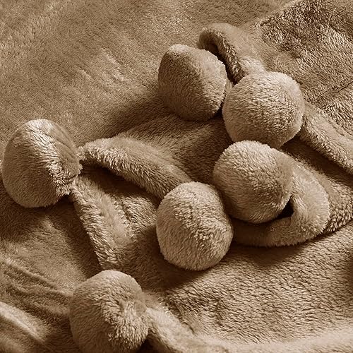 Miniatura 3 de BYTIDE Manta con pompones para sofá, manta de franela de vellón con borlas de flecos de pompones, manta afelpada, acogedora, cálida, suave, ligera