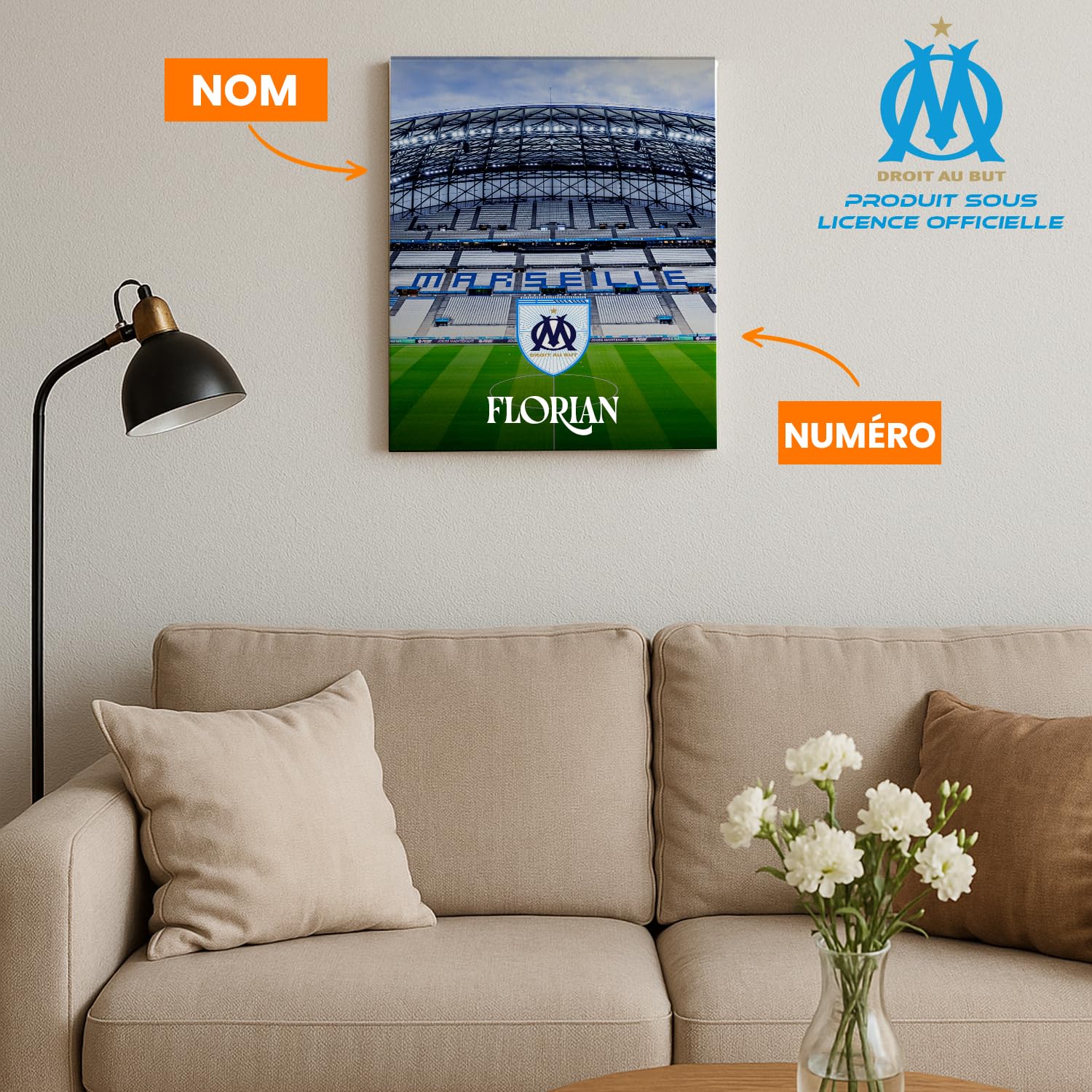 OneTrophy Toile Officielle Olympique de Marseille – Personnalisable avec Prénom ou Texte Libre – Décoration Murale Supporter – Made in France – Cadeau Supporter OM (Droit au but)