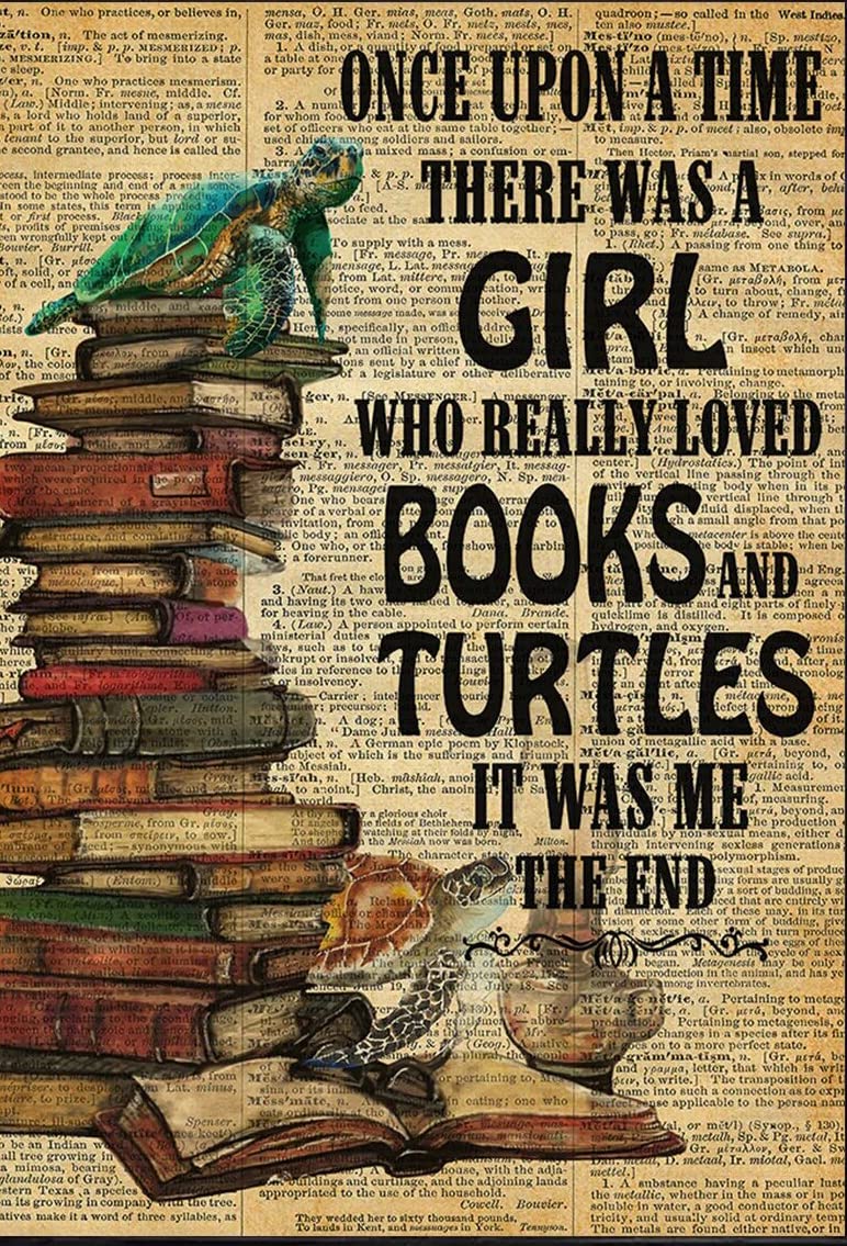 HOUVSSEN Once Upon A Time A Girl Really Loved Books and Turtles Vintage Poster, Vintage Turtle Poster, Turtle Reading Poster Vintage Metal Tin Sign Indoor Outdoor Home Wall Decor Gift 6 X 8Inch