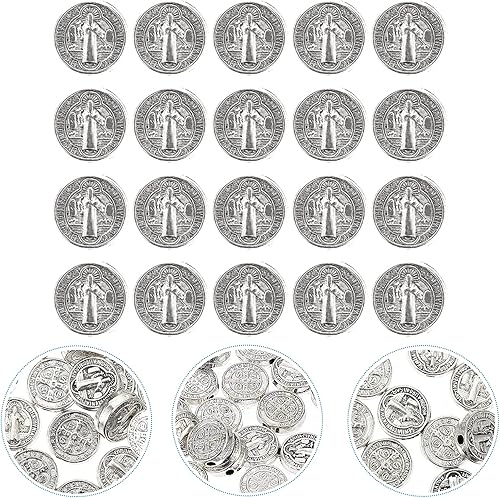 Miniatura 6 de Alrededor de 100 cuentas redondas de crucifijo de Jesús de aleación, dijes de medalla de crucifijo religioso, medallón de Benedicto, cuentas