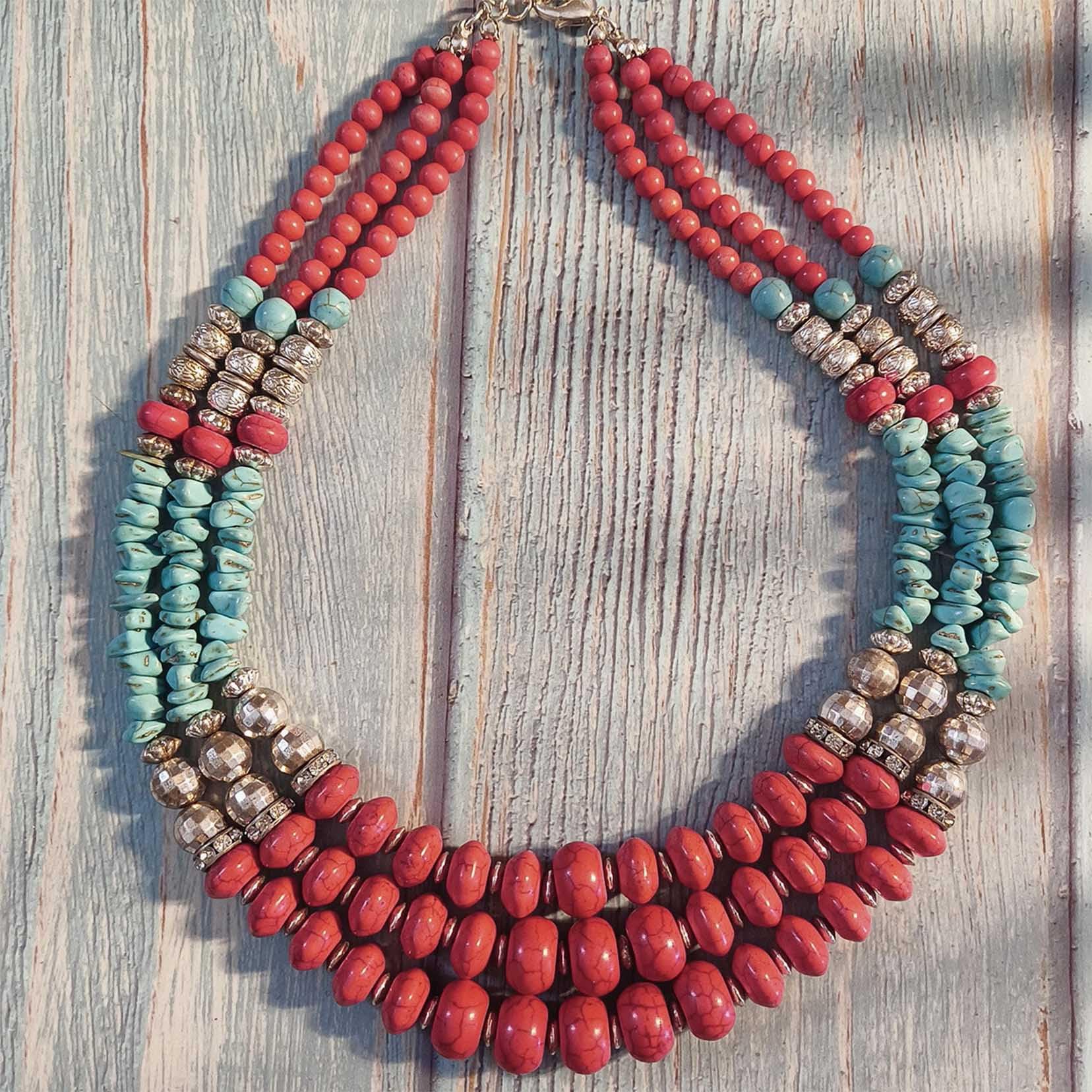 Red Multi-Layer Bead Collana Bohemian Style Triple Layered Collana Chunky Ciondolo Perline Etniche Choker Multi Strand Collana per Le Donne Red