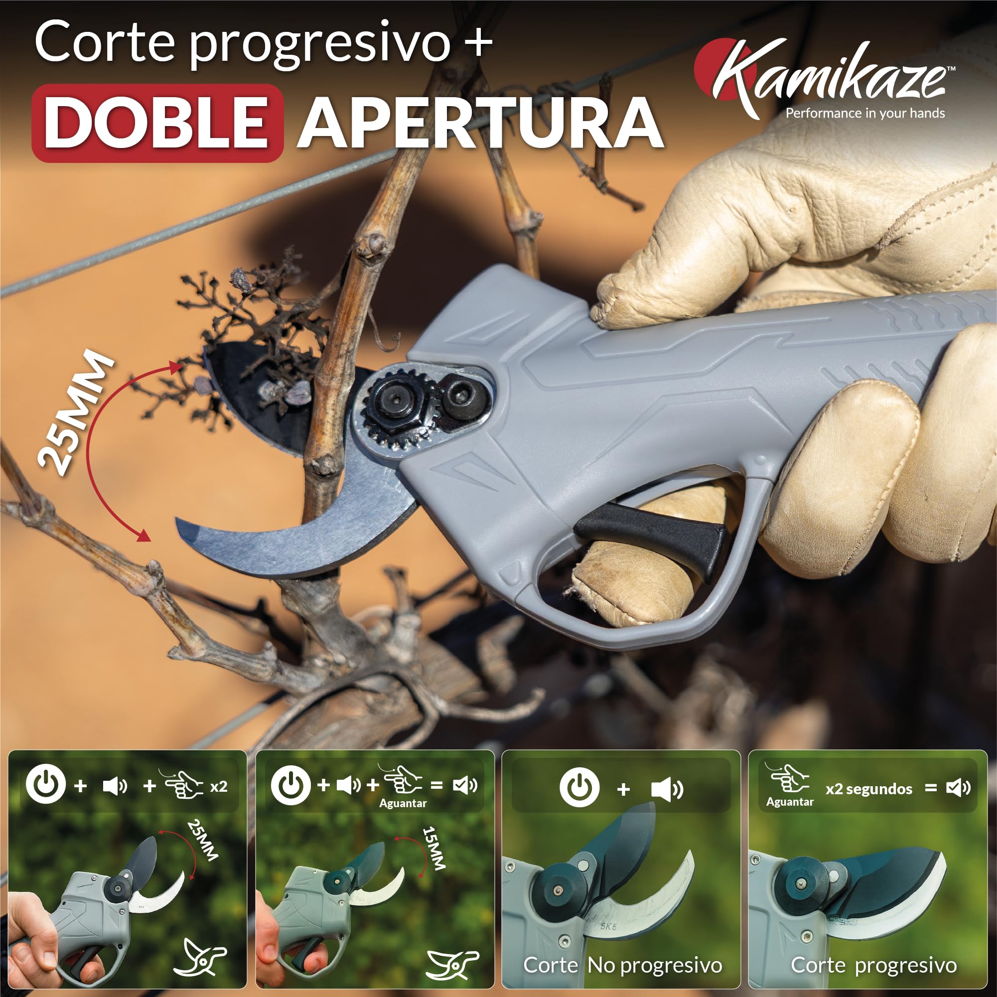 KAMIKAZE KV280 Tijera Eléctrica de Poda Inalámbrica 150W Corte Máximo Ø 25 mm Incluye 2 Baterías Litio de 14V con autonomía de 2500 cortes, Cargador y Kit de Herramientas Diseño Patentado.