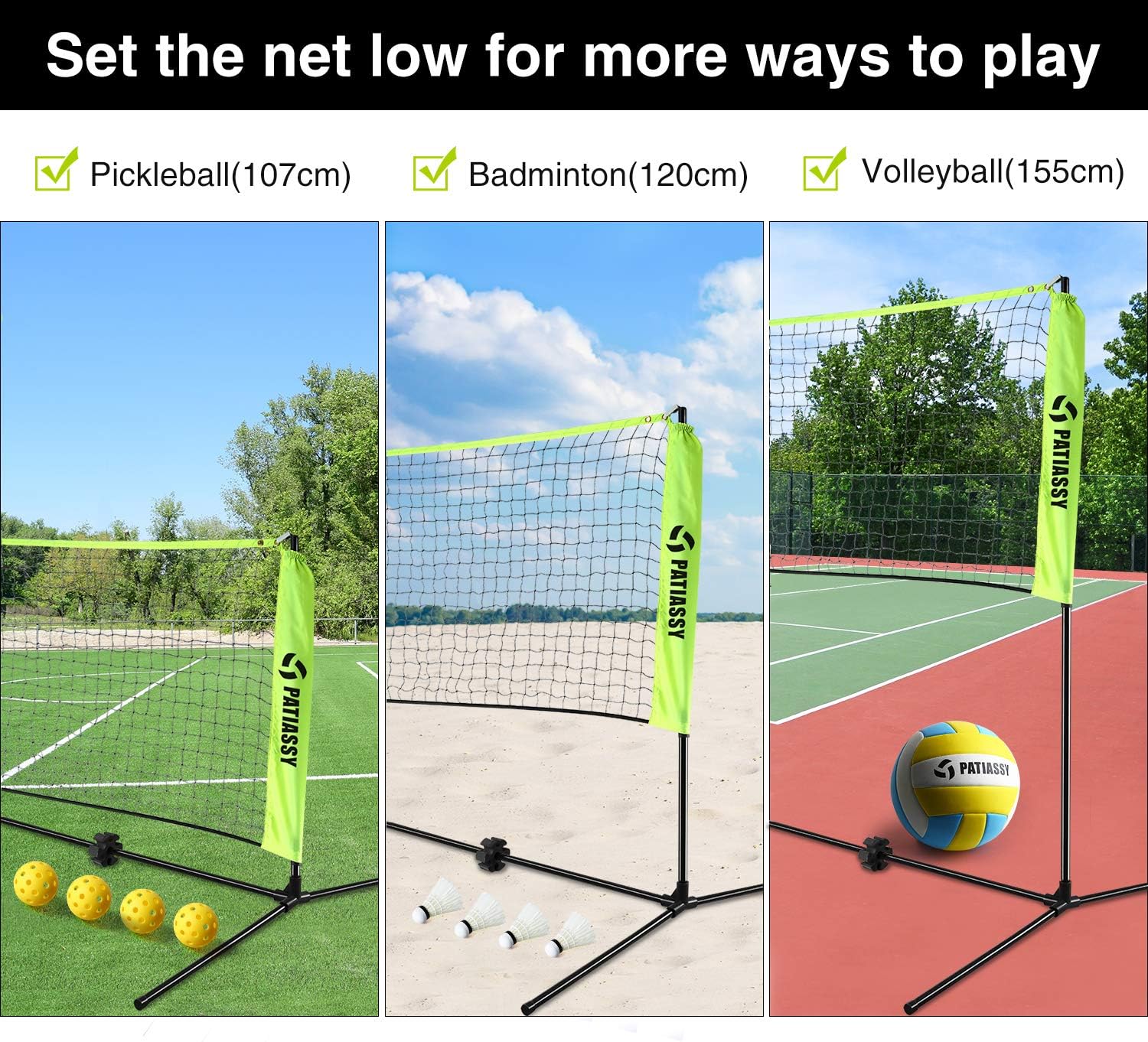 Patiassy Portable Volleyball Badminton Net Set - 17ft Indoor Outdoor Adjustable Height Net with Poles, 4 Shuttlecocks, 4 Pickleballs and 1 Volleyball for Backyards Beach : Sports & Outdoors