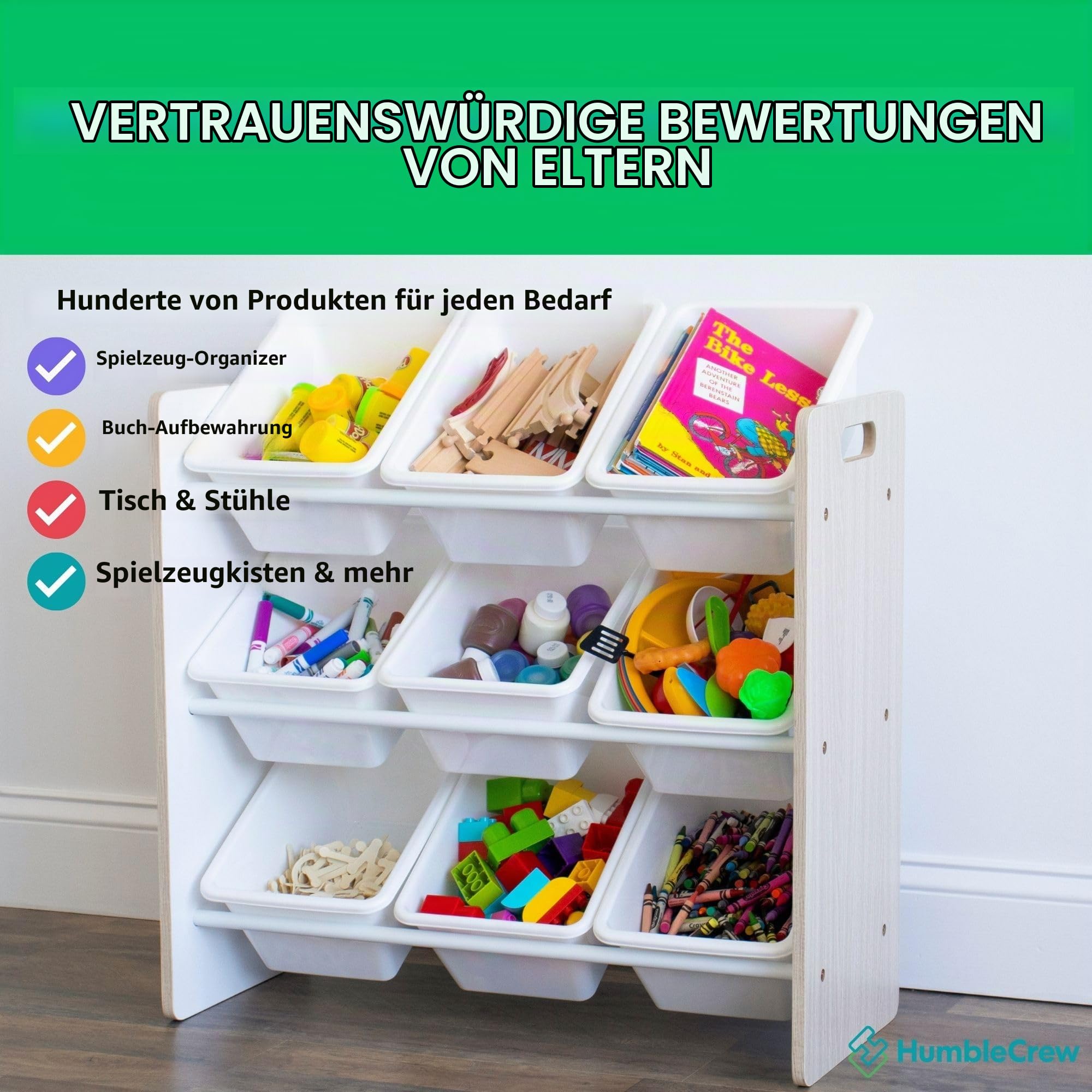 Humble Crew stilvolles Kinderregal in Abgeschliffen/Weiß! 9 Kisten für Spielzeug, ideal für Kinderzimmer. Ordnung mit schickem Design schaffen