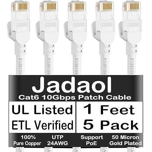 Miniatura 39 de Jadaol Cable Ethernet Cat 6 de 35 pies, compatible con red Cat8 Cat7 de 10 Gbps, cable de conexión LAN RJ45 plano, cable de Internet de alta Blanco