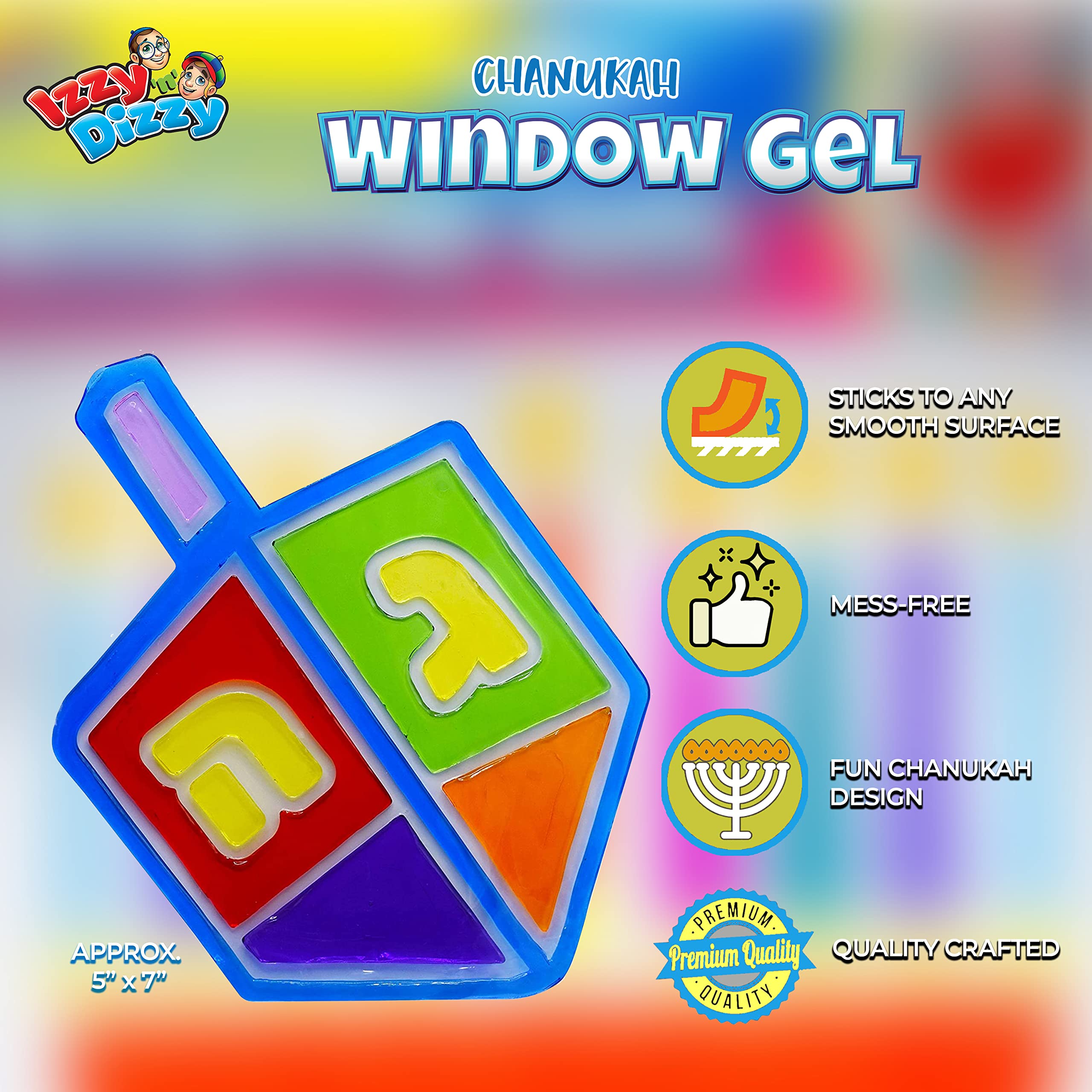 Izzy 'n' Dizzy Dreidel Window Gel Cling - Self Sticking Chanukah Menorah and Dreidels - Hanukkah Party Decorations and Supplies