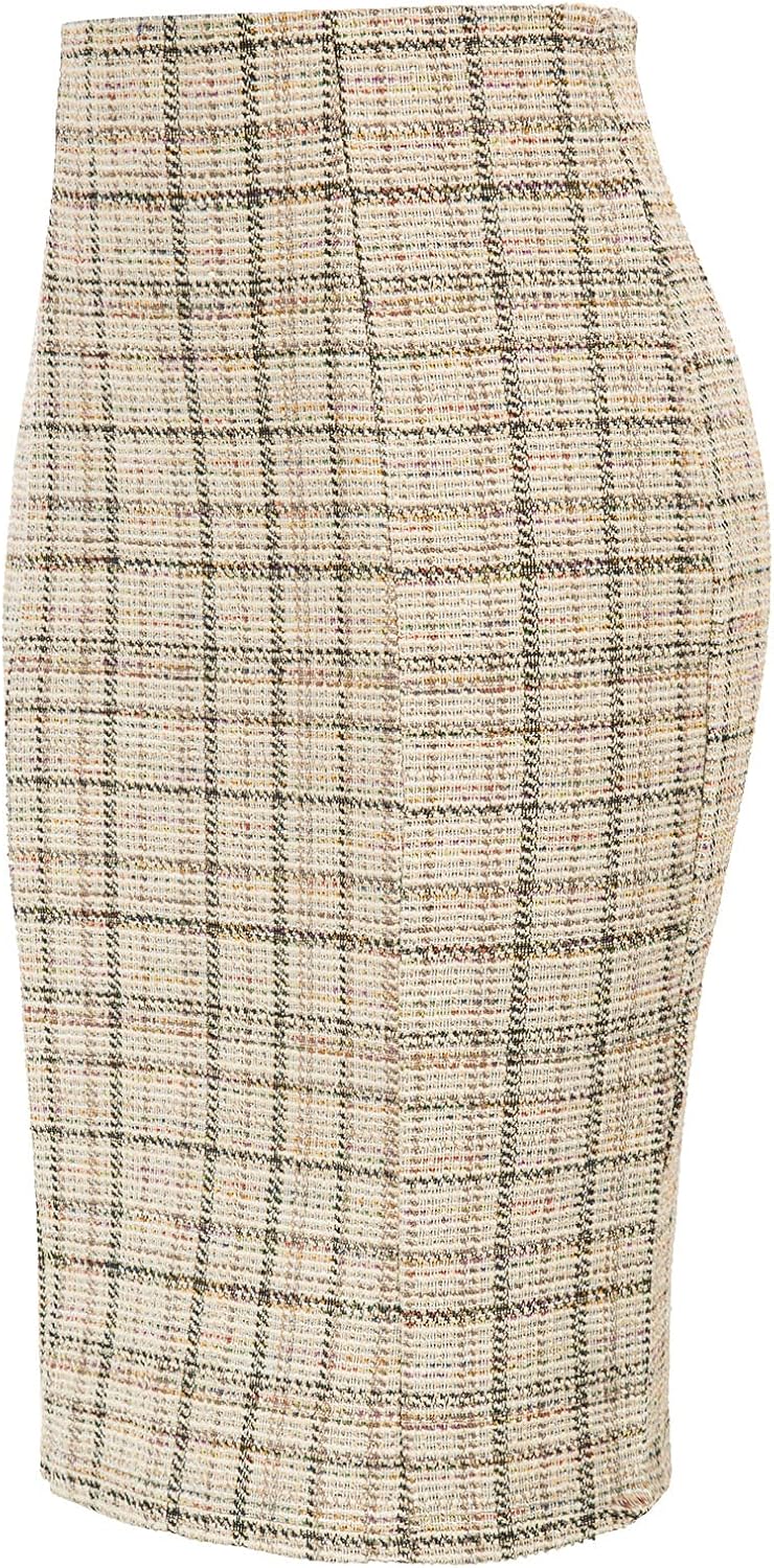 Kate Kasin Womens Knee Length Elastic Waist Stretchy Bodycon Business Tweed Pencil Skirt - Image 2