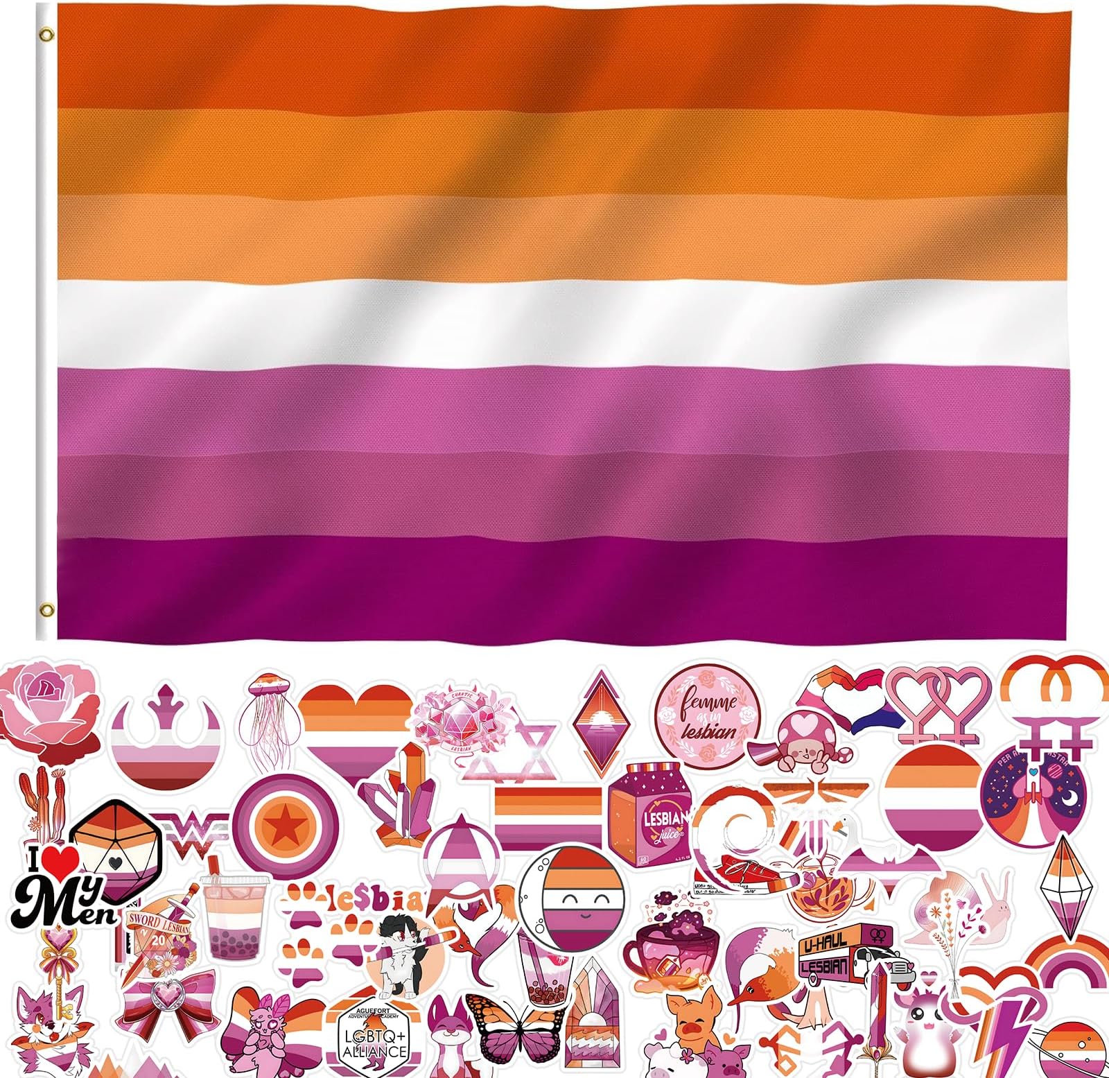 3x5 Feet Sunset Lesbian Pride Flag - Vivid Color and Fade proof - Canvas Header and Double Stitched and 60pcs Unique Sticker Designs